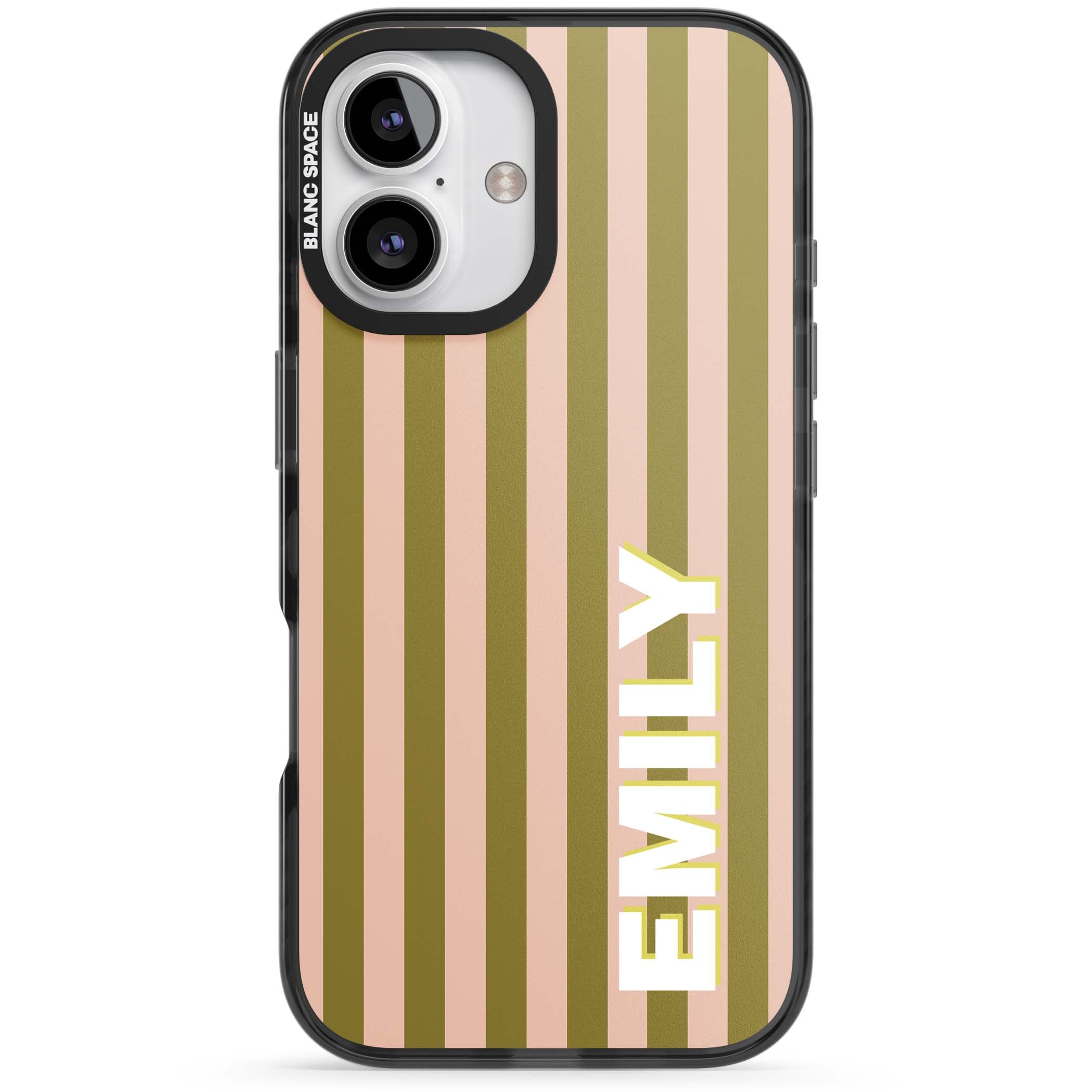 Indian Stripe personalised iPhone case featuring olive green and blush pink vertical stripes with custom name in whit | Black Impact Magsafe case for iPhone 16, iPhone 16 Plus