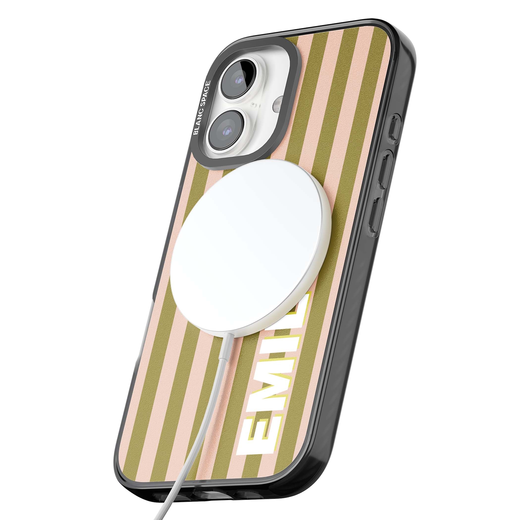 Indian Stripe personalised iPhone case featuring olive green and blush pink vertical stripes with custom name in whit | Black Impact Magsafe case for iPhone 16, iPhone 16 Plus