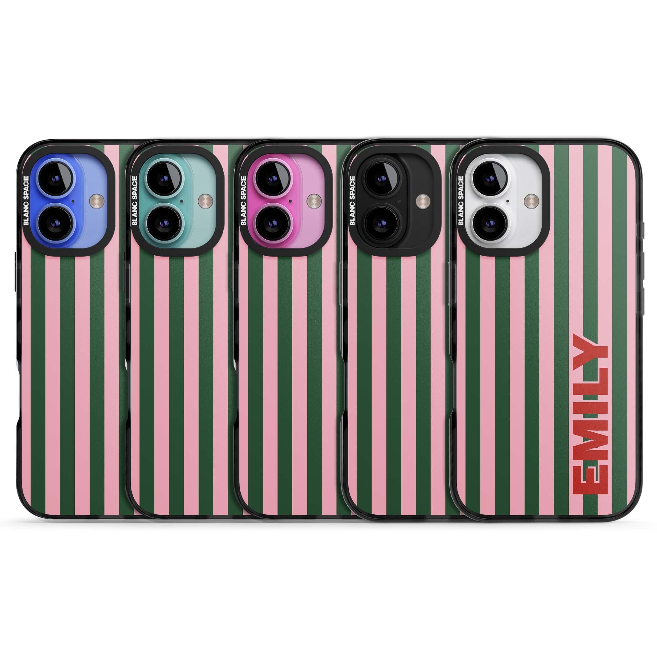 Italian Stripe preppy iPhone case featuring pink and green vertical stripes with personalised red name | Black Impact Magsafe case for iPhone 16, iPhone 16 Plus