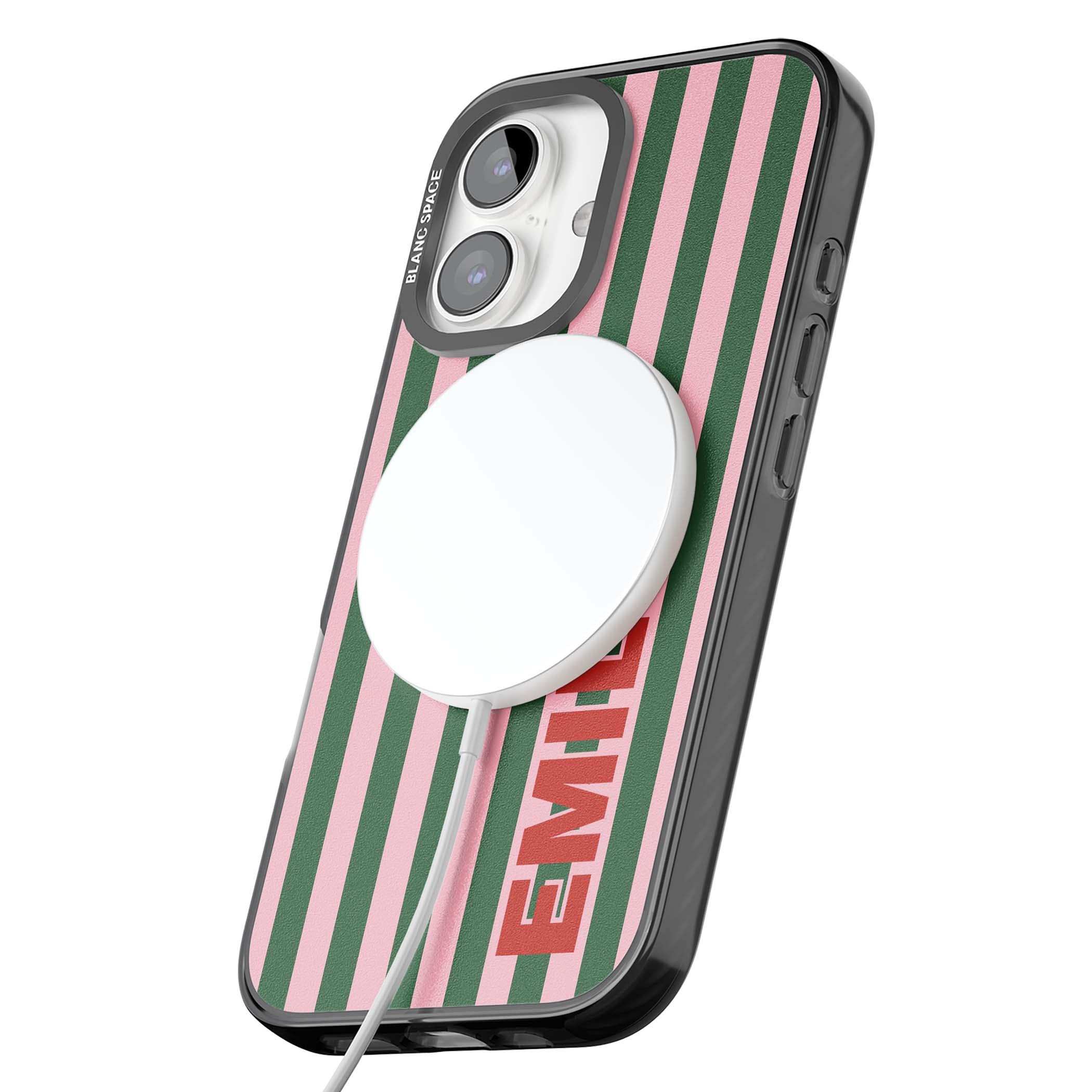 Italian Stripe preppy iPhone case featuring pink and green vertical stripes with personalised red name | Black Impact Magsafe case for iPhone 16, iPhone 16 Plus