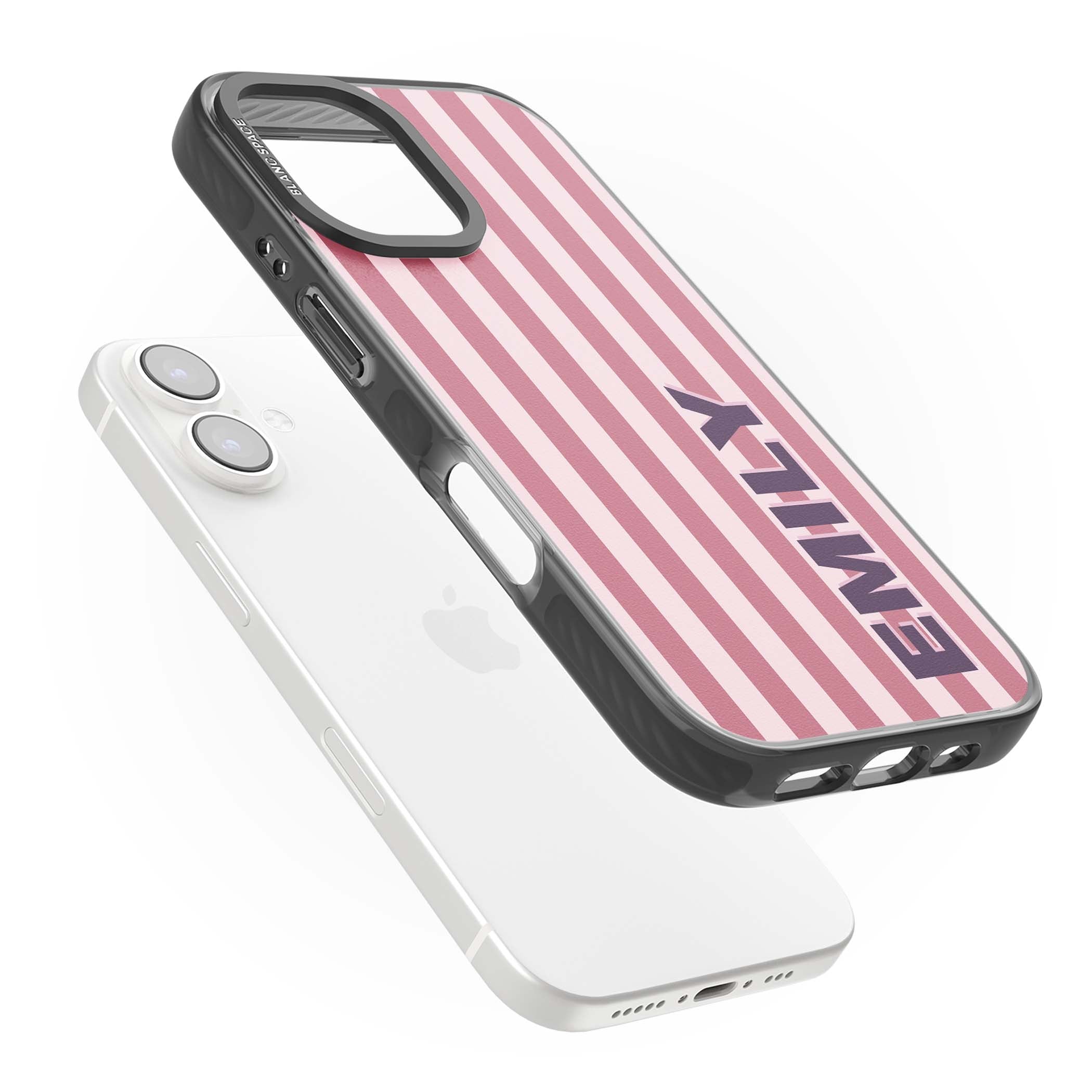 Victoria Stripe personalised iPhone case featuring pink vertical stripes and custom name in bold plum lettering | Black Impact Magsafe case for iPhone 16, iPhone 16 Plus