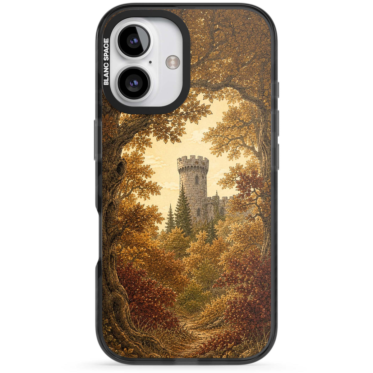 Autumn Keep cottagecore iPhone case featuring a medieval castle tower framed by golden autumn trees and woodland foliage | Black Impact Magsafe case for iPhone 16, iPhone 16 Plus