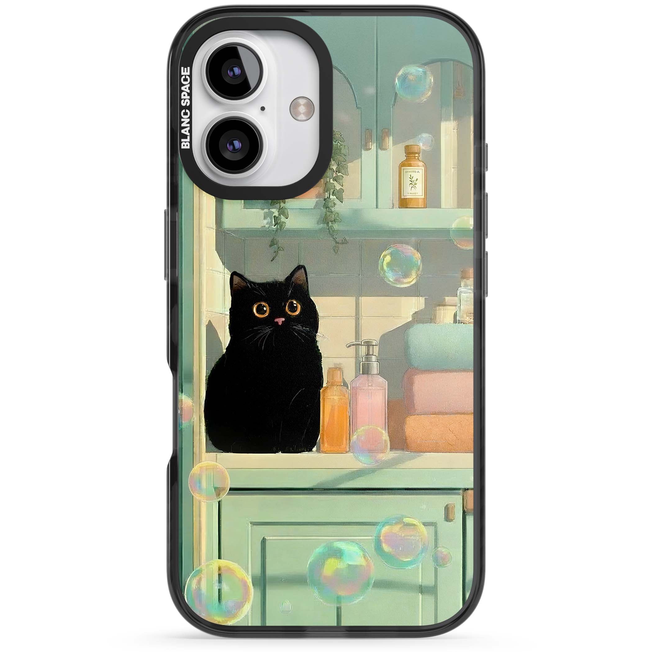 Bathroom Bubble Kitty cottagecore iPhone case featuring a black cat, mint bathroom scene and floating soap bubbles | Black Impact Magsafe case for iPhone 16, iPhone 16 Plus