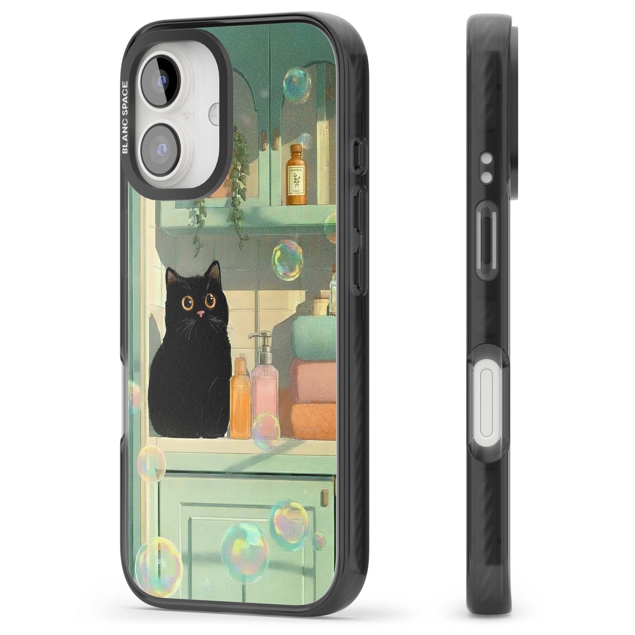 Bathroom Bubble Kitty cottagecore iPhone case featuring a black cat, mint bathroom scene and floating soap bubbles | Black Impact Magsafe case for iPhone 16, iPhone 16 Plus