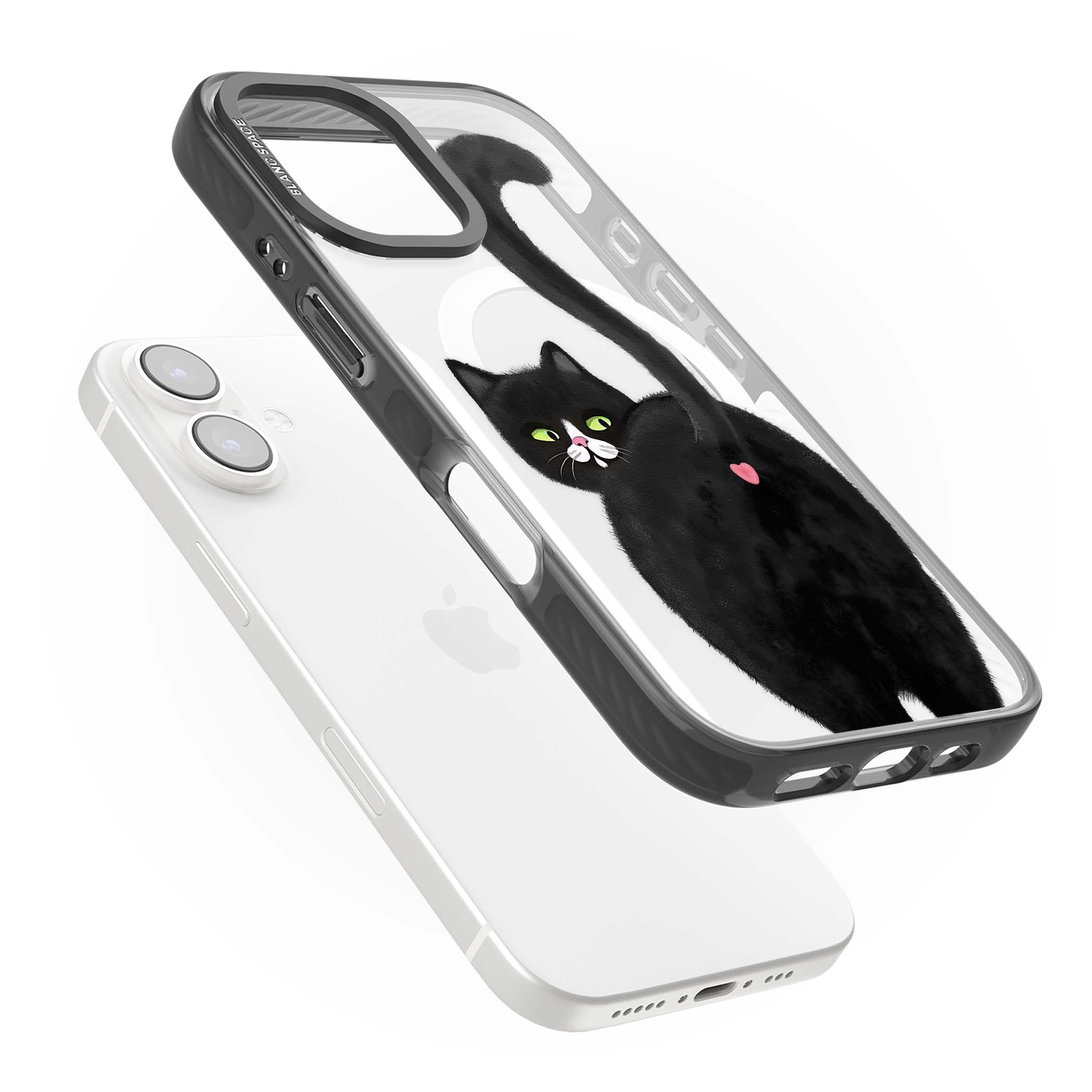 The Cat's Kiss cute cat iPhone case featuring a hand-painted tuxedo kitty with green eyes and a pink heart on a clear | Black Impact Magsafe case for iPhone 16, iPhone 16 Plus