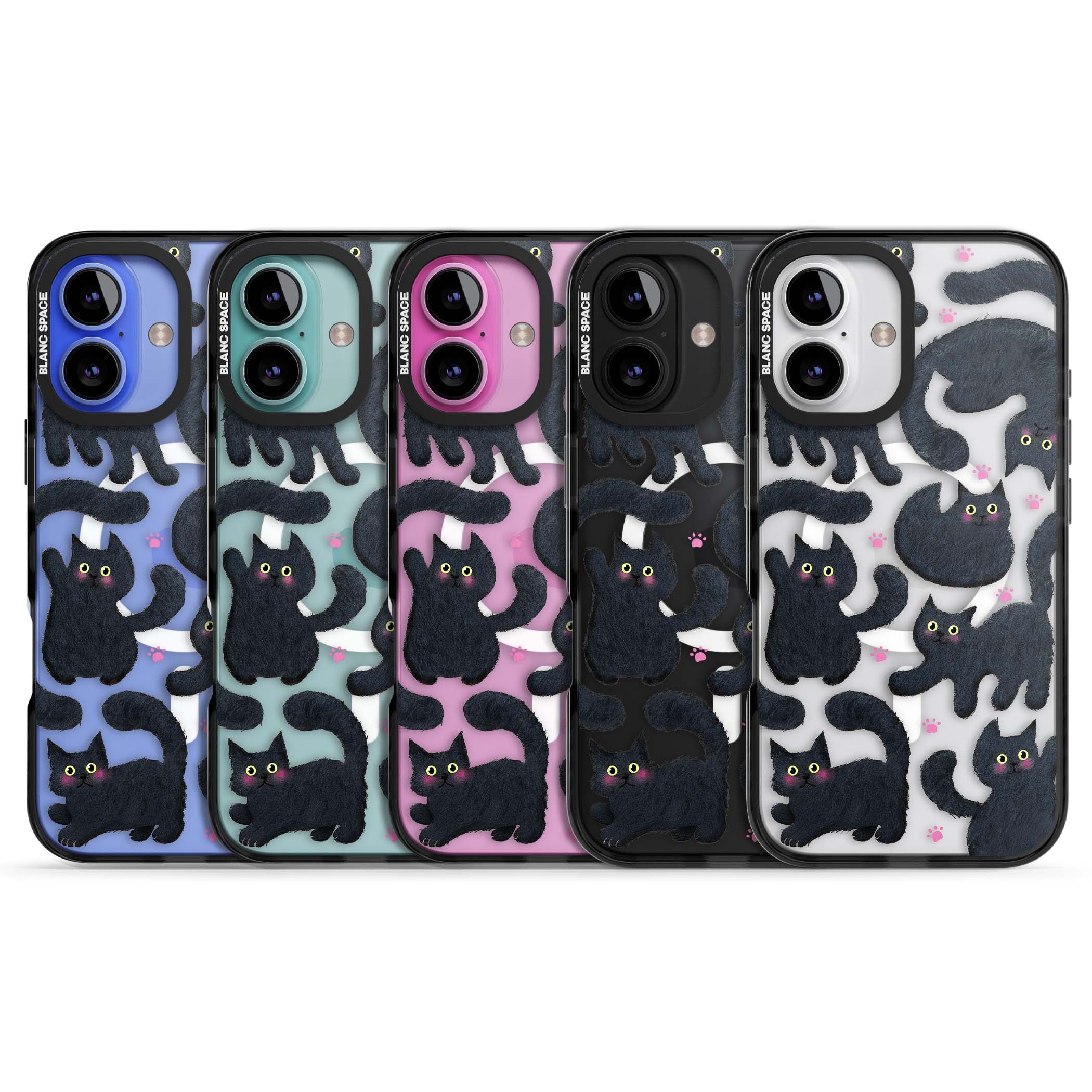 Midnight Cats cute iPhone case featuring black cat pattern with yellow eyes and pink paw prints | Black Impact Magsafe case for iPhone 16, iPhone 16 Plus