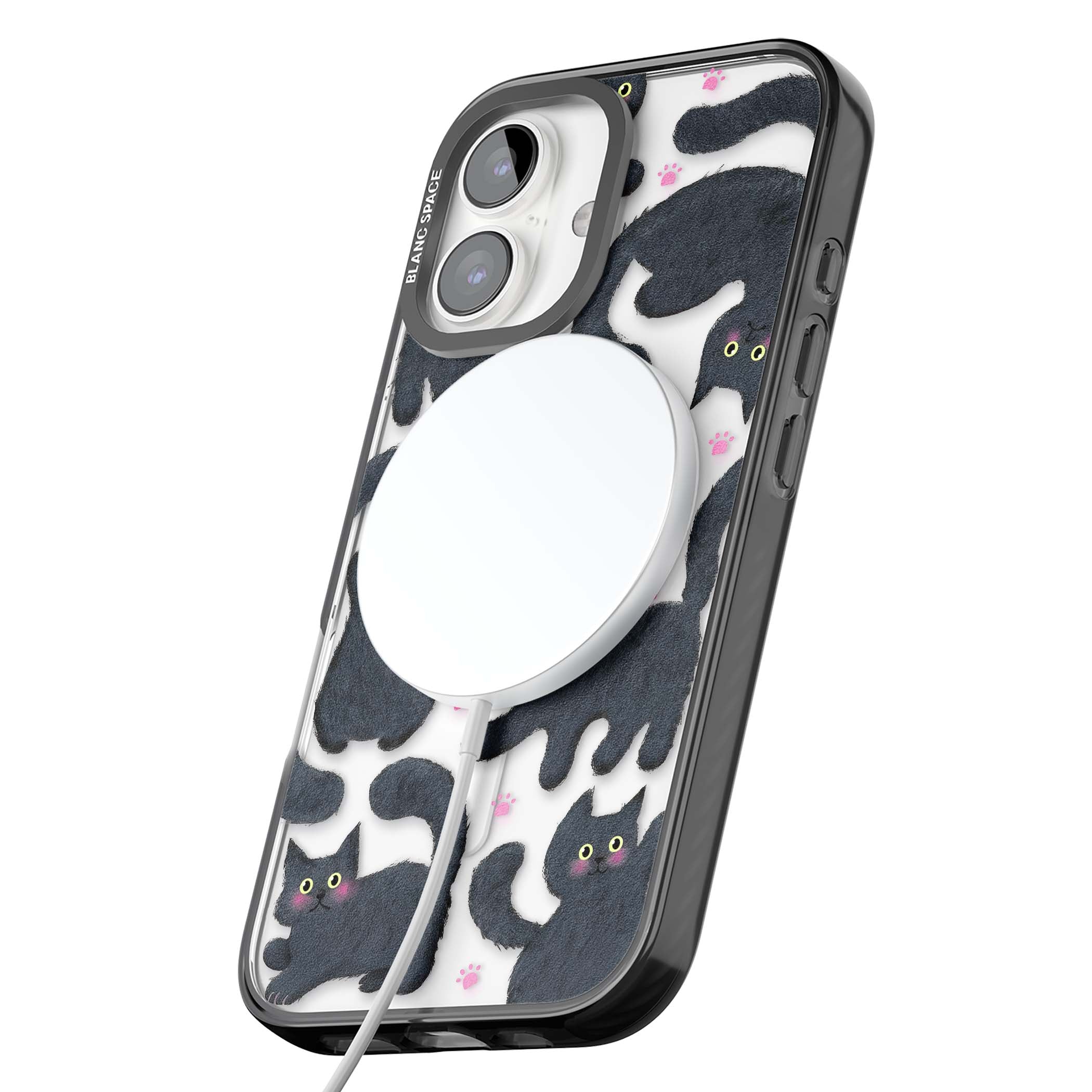 Midnight Cats cute iPhone case featuring black cat pattern with yellow eyes and pink paw prints | Black Impact Magsafe case for iPhone 16, iPhone 16 Plus