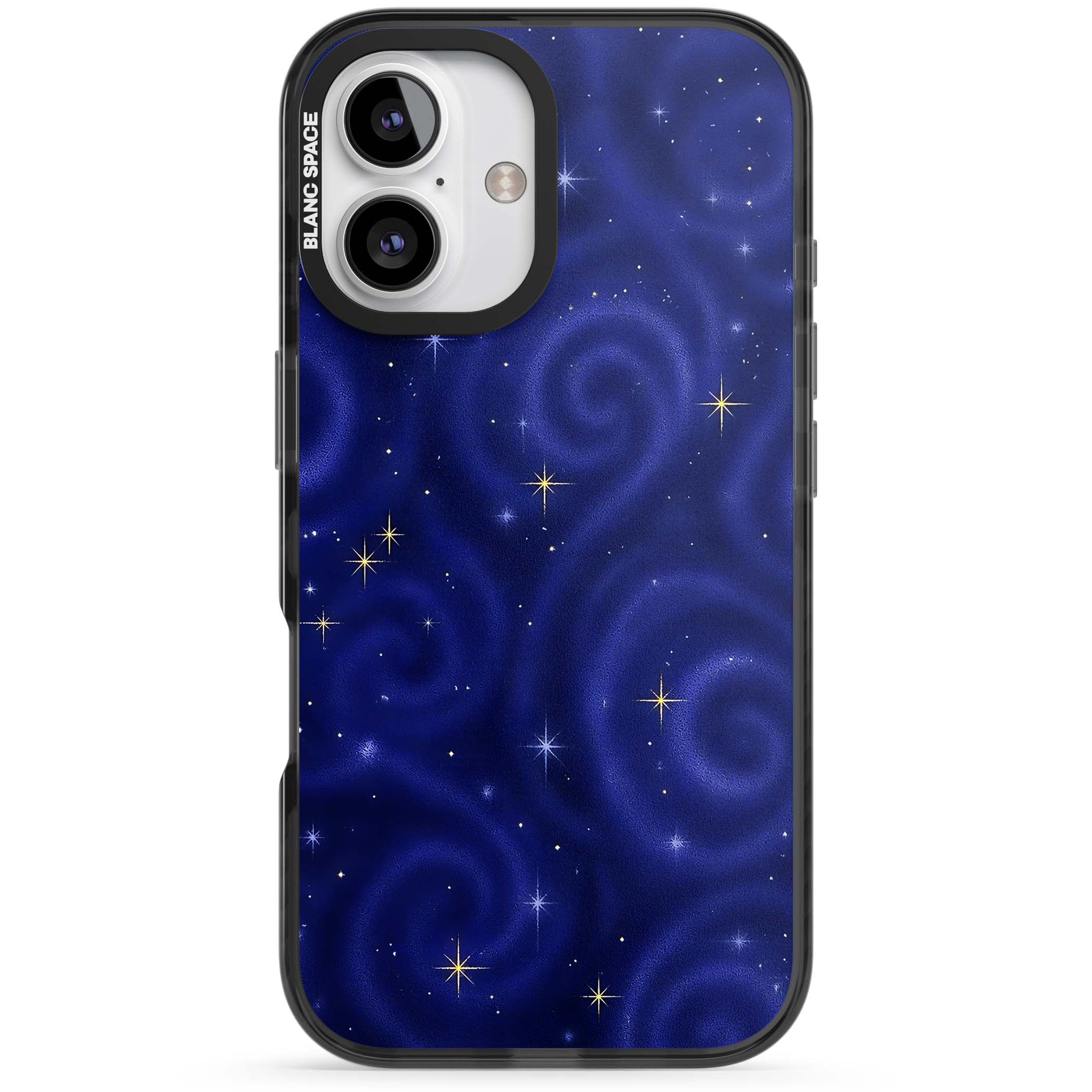 Indigo Cosmos celestial iPhone case featuring swirling navy night sky and sparkling golden stars | Black Impact Magsafe case for iPhone 16, iPhone 16 Plus