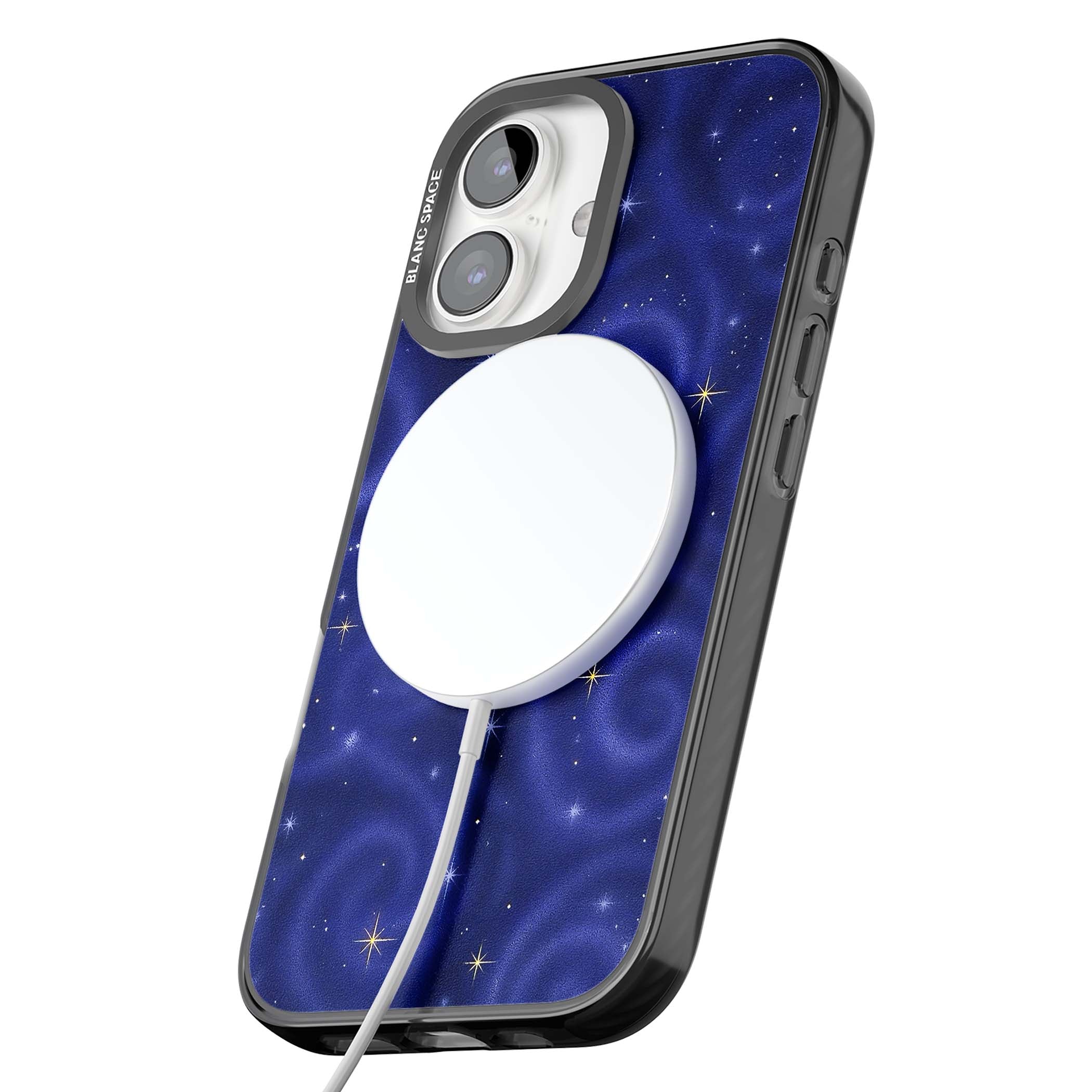 Indigo Cosmos celestial iPhone case featuring swirling navy night sky and sparkling golden stars | Black Impact Magsafe case for iPhone 16, iPhone 16 Plus