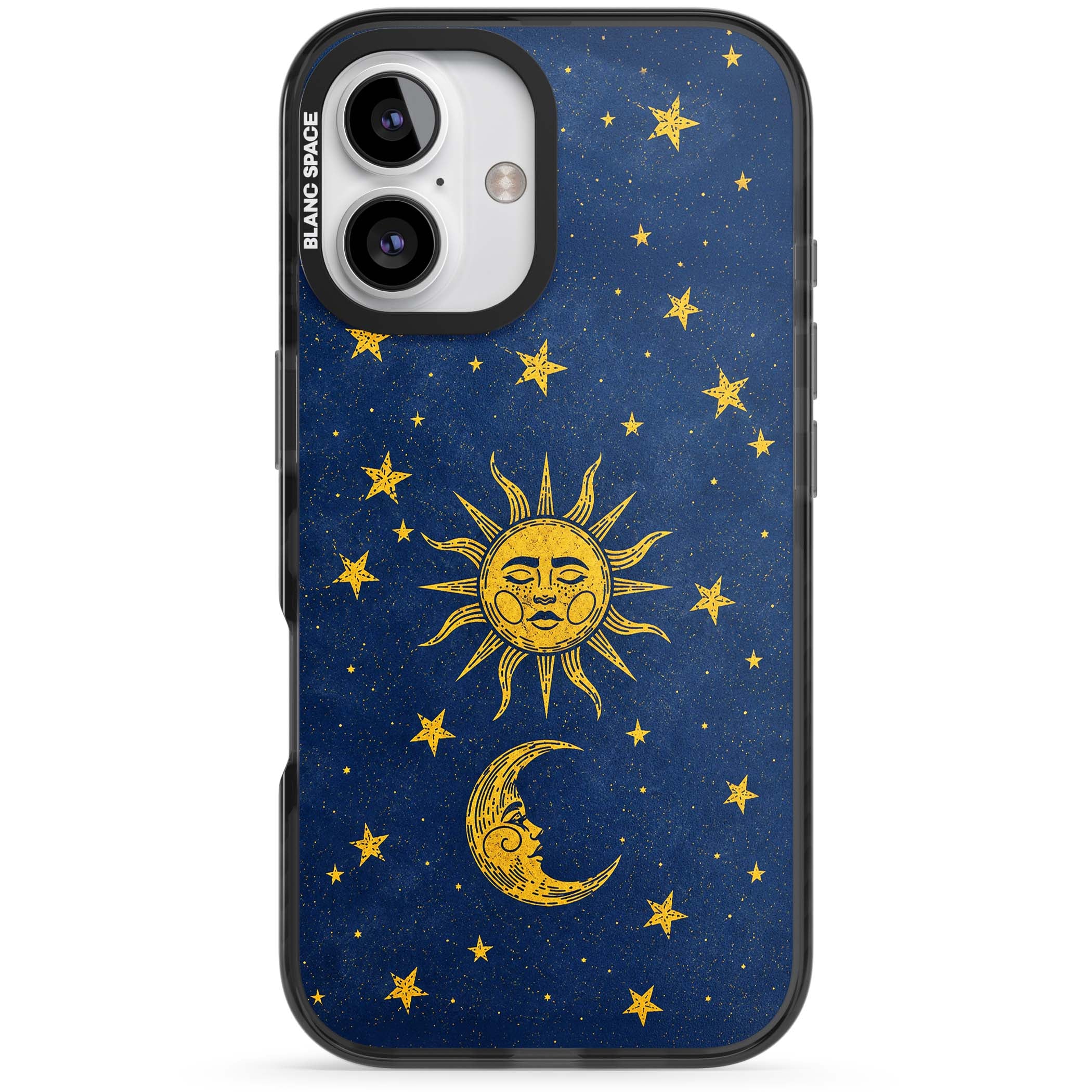 Sun & Moon Reverie celestial iPhone case featuring a vintage golden sun, crescent moon and scattered stars on midnight blue | Black Impact Magsafe case for iPhone 16, iPhone 16 Plus
