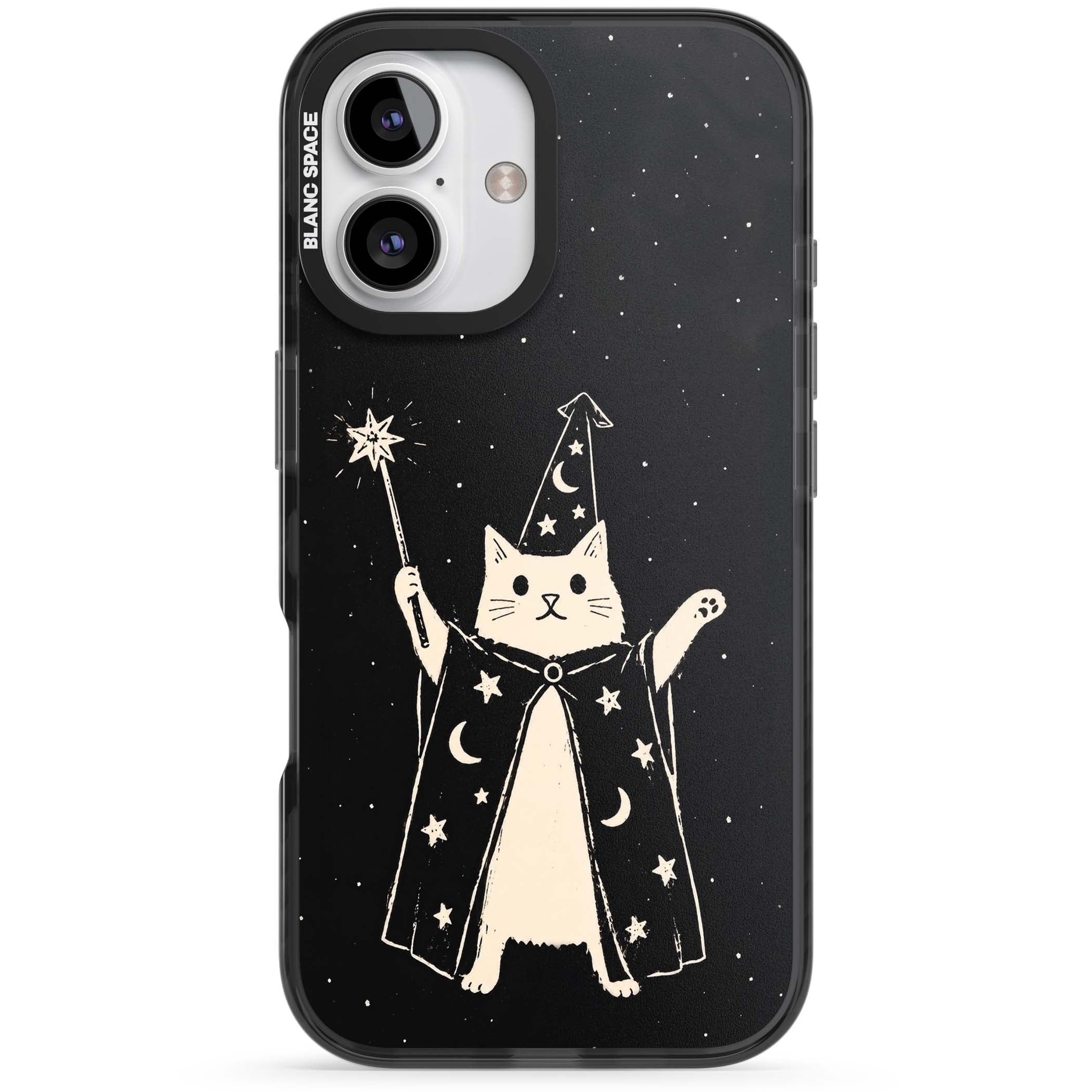 Whisker Wizard celestial cat iPhone case featuring a wizard cat with magic wand, starry night sky and crescent moons | Black Impact Magsafe case for iPhone 16, iPhone 16 Plus