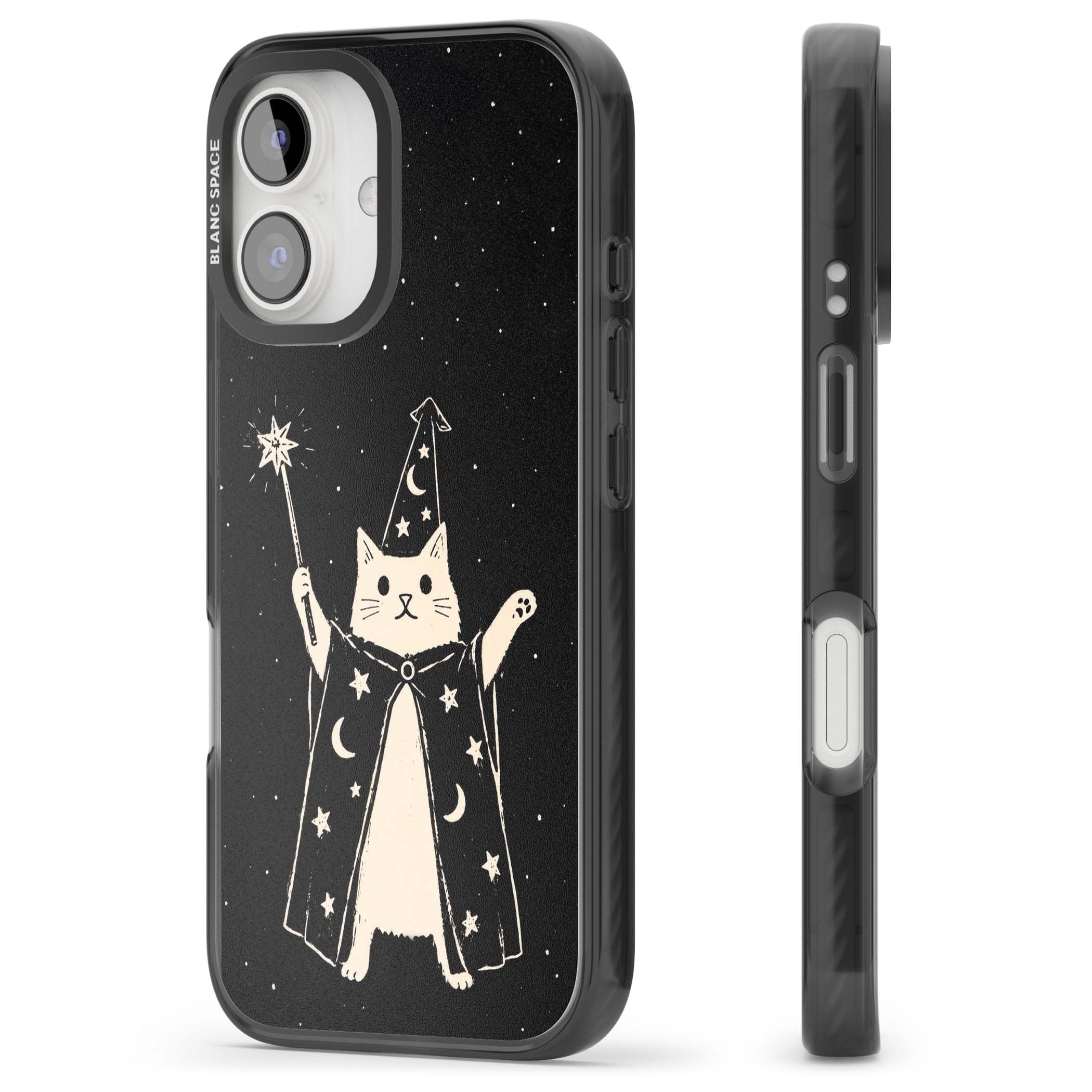 Whisker Wizard celestial cat iPhone case featuring a wizard cat with magic wand, starry night sky and crescent moons | Black Impact Magsafe case for iPhone 16, iPhone 16 Plus