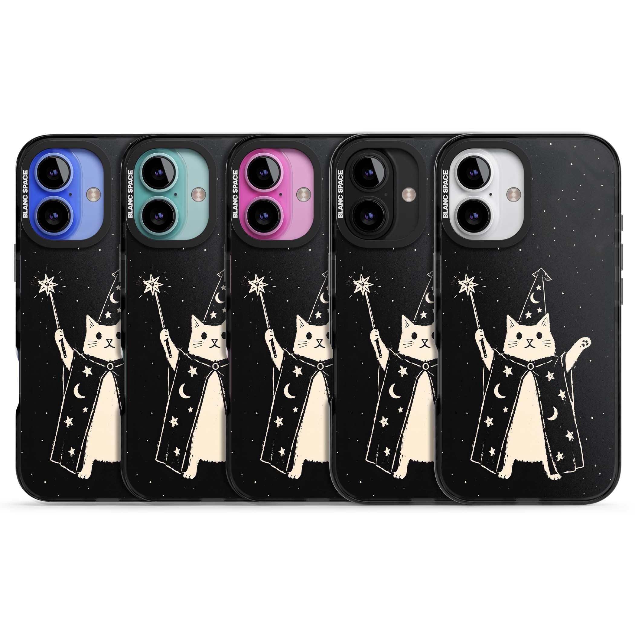 Whisker Wizard celestial cat iPhone case featuring a wizard cat with magic wand, starry night sky and crescent moons | Black Impact Magsafe case for iPhone 16, iPhone 16 Plus