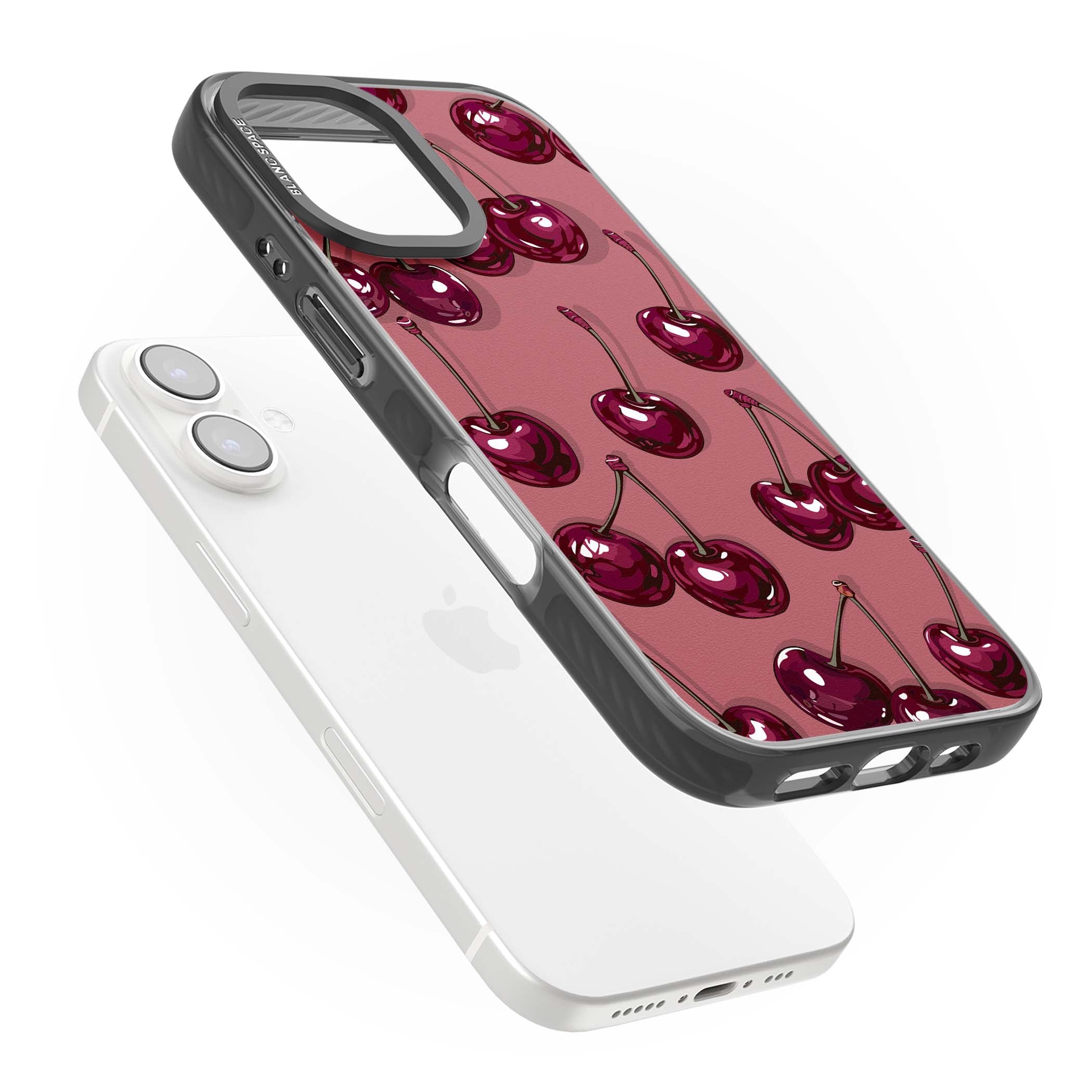 Cherry Rebel coquette iPhone case featuring glossy burgundy cherries on a dusty rose background | Black Impact Magsafe case for iPhone 16, iPhone 16 Plus
