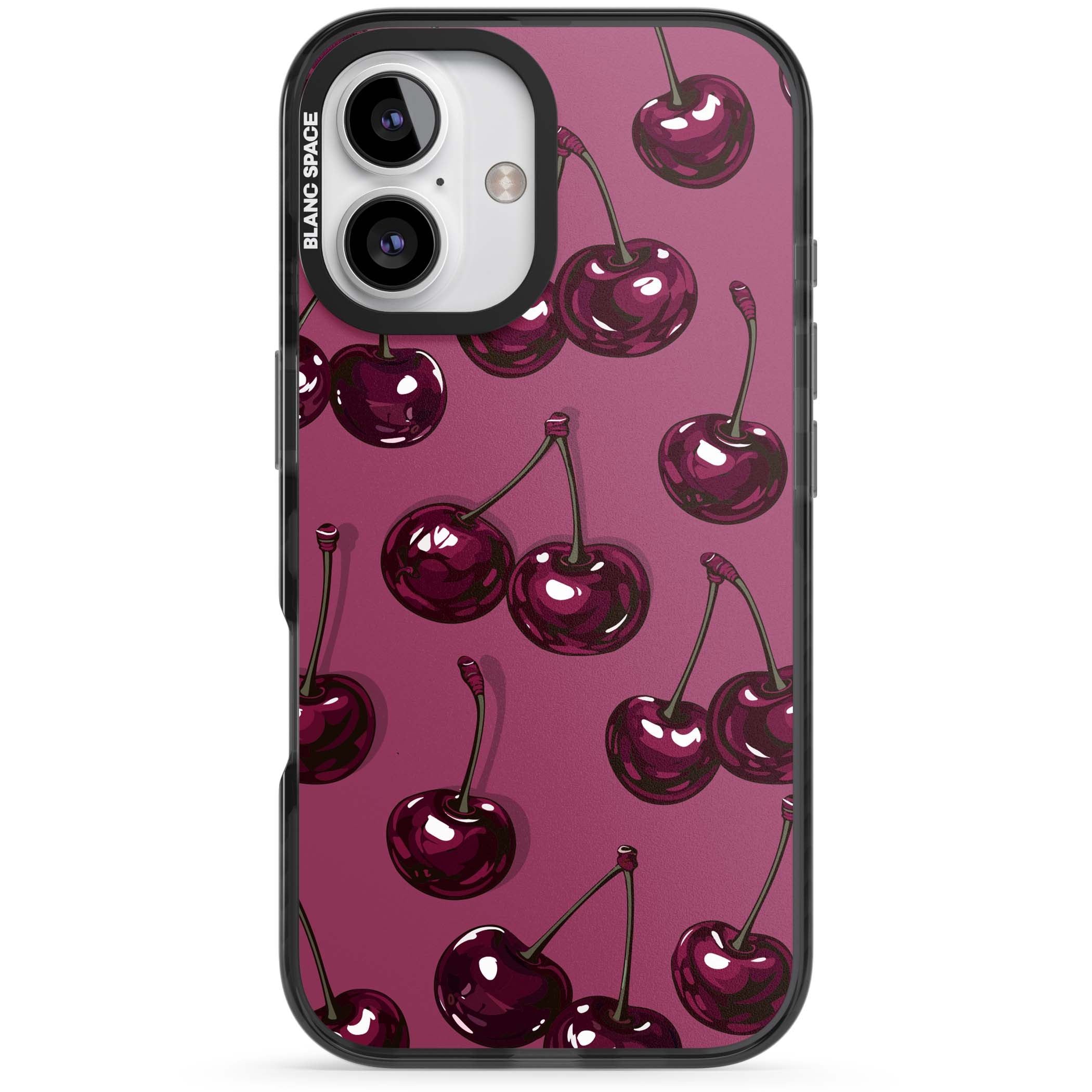 Cherry Soda coquette iPhone case featuring glossy burgundy cherries on a dusty pink background | Black Impact Magsafe case for iPhone 16, iPhone 16 Plus