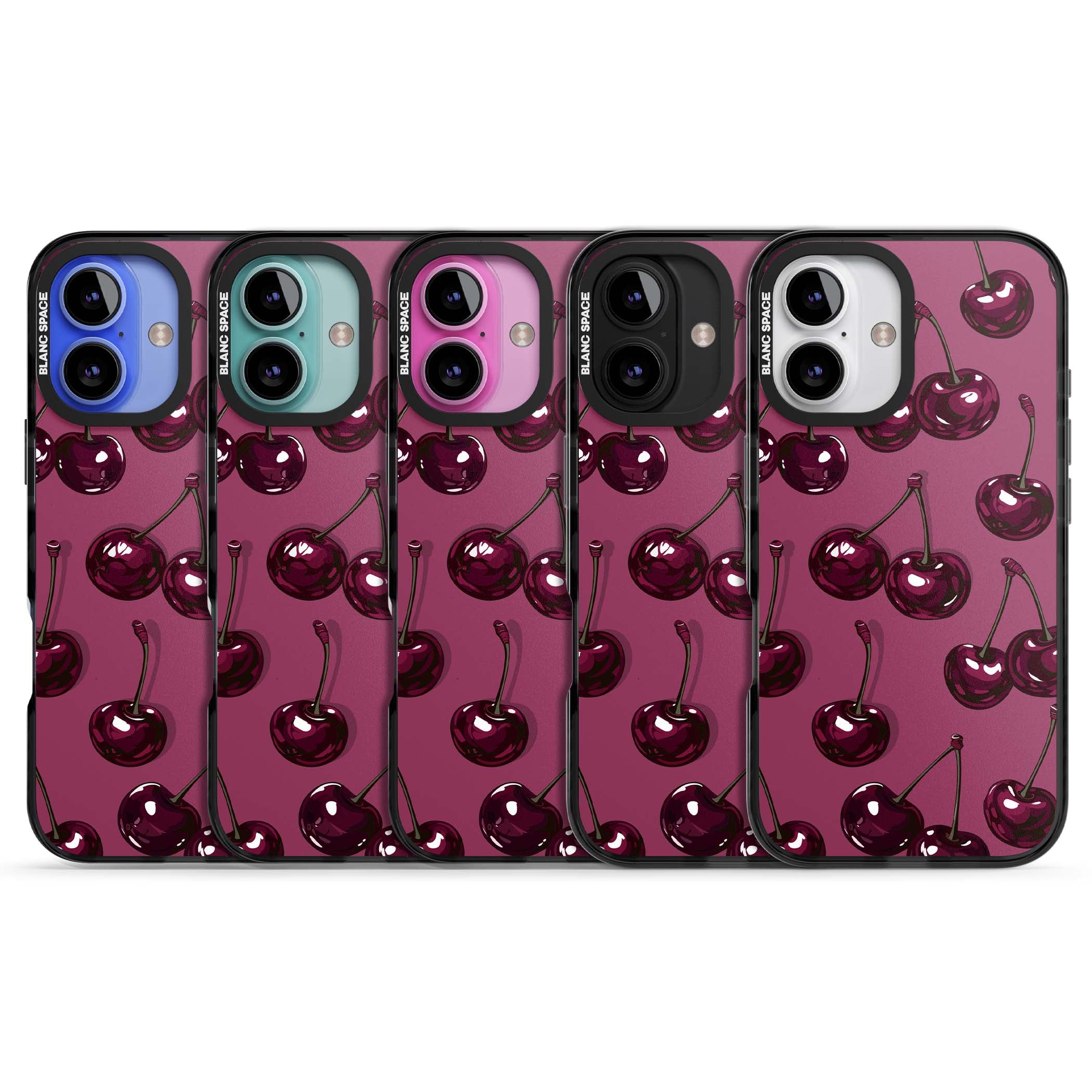 Cherry Soda coquette iPhone case featuring glossy burgundy cherries on a dusty pink background | Black Impact Magsafe case for iPhone 16, iPhone 16 Plus