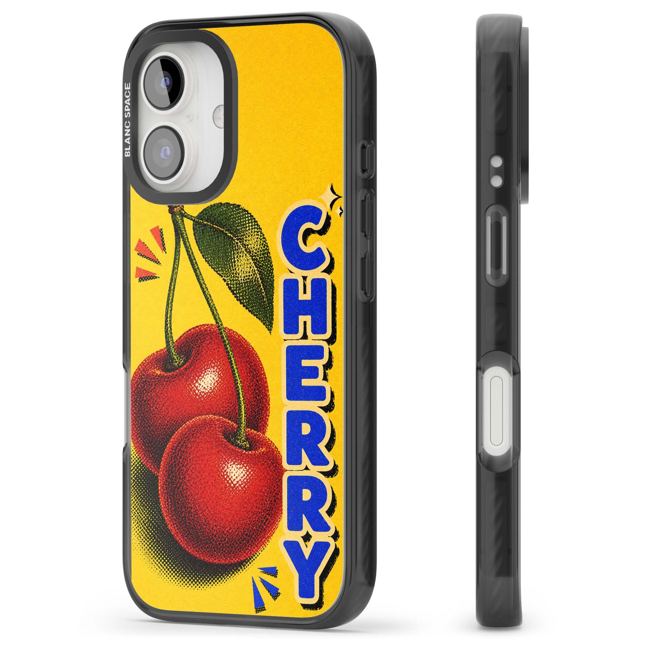 Cherry Yellow y2k iPhone case featuring two red cherries, halftone shading and bold blue CHERRY lettering on yellow | Black Impact Magsafe case for iPhone 16, iPhone 16 Plus