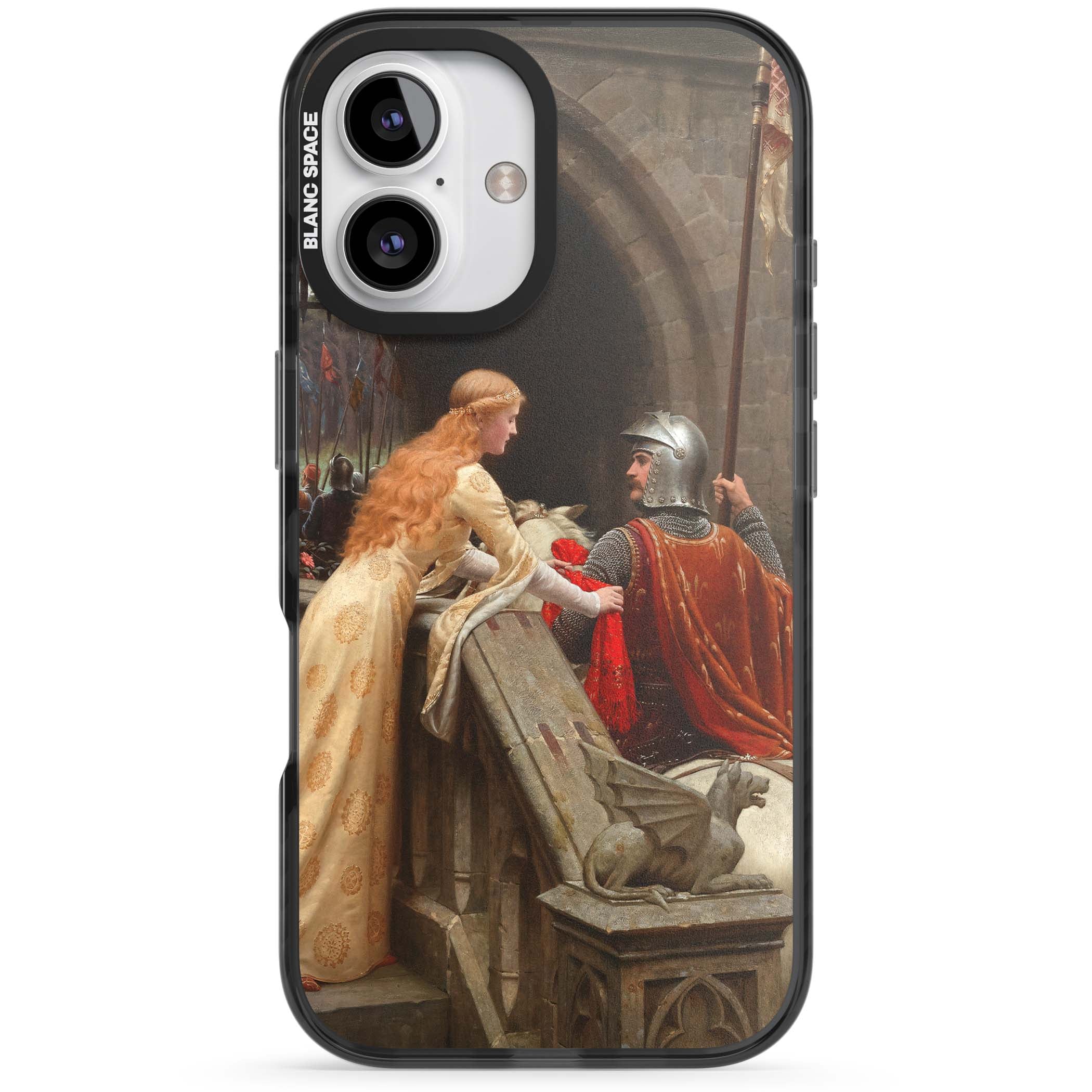 God Speed fine art iPhone case featuring Edmund Blair Leighton's medieval knight and lady beneath a stone archway | Black Impact Magsafe case for iPhone 16, iPhone 16 Plus