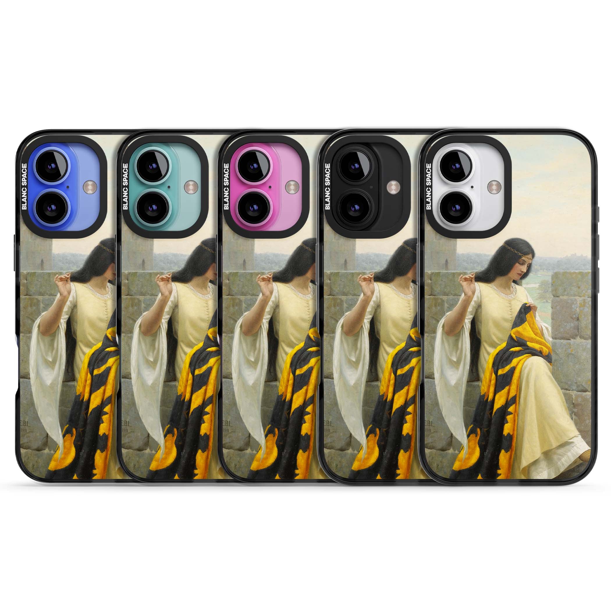 Stitching the Standard renaissance art iPhone case featuring a medieval lady sewing a golden banner on a castle wall | Black Impact Magsafe case for iPhone 16, iPhone 16 Plus