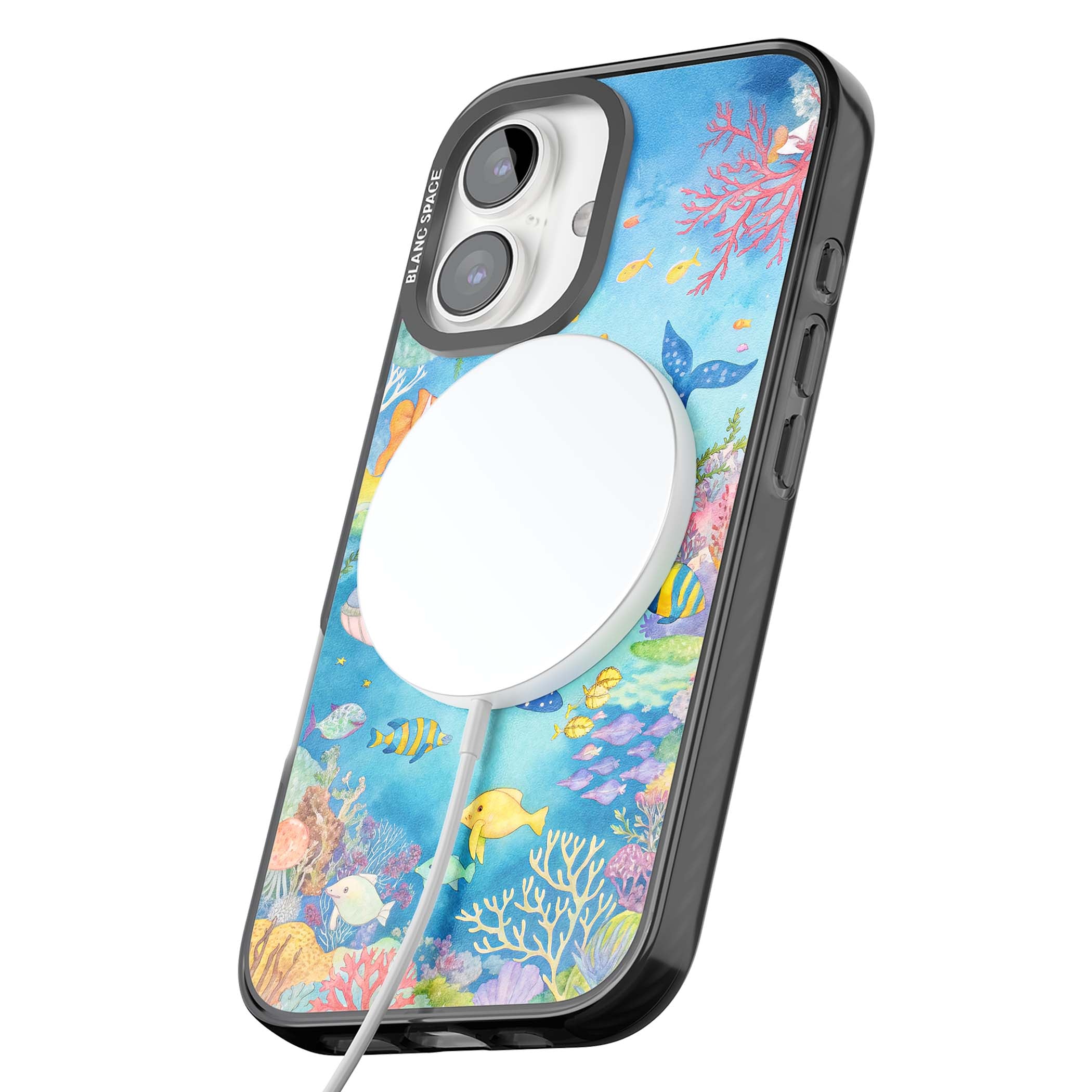 Coral Lagoon ocean iPhone case featuring a watercolour whale, coral reef and tropical fish | Black Impact Magsafe case for iPhone 16, iPhone 16 Plus