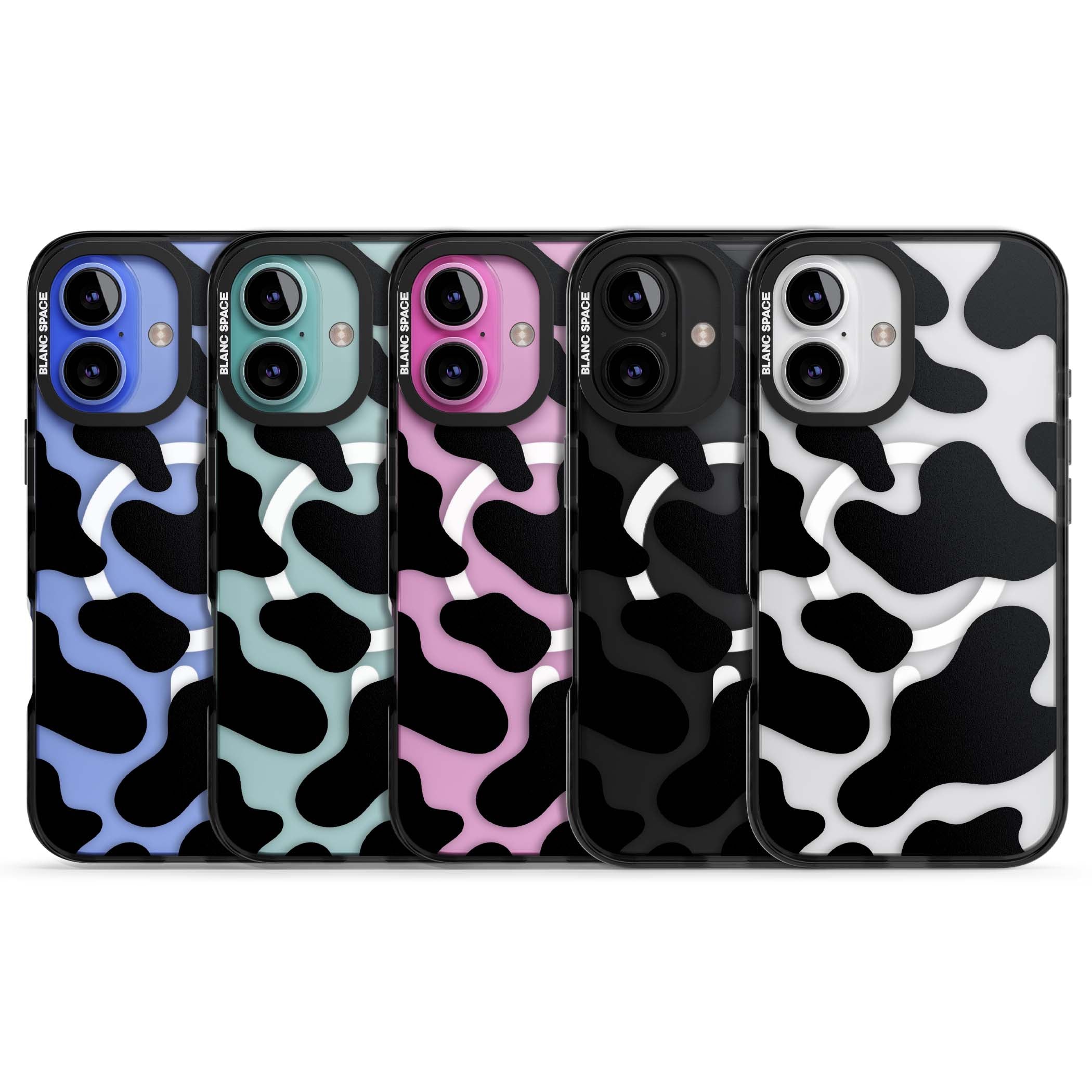 Clear Cow Print cow print iPhone case featuring black and white cow pattern splotches on a clear background | Black Impact Magsafe case for iPhone 16, iPhone 16 Plus