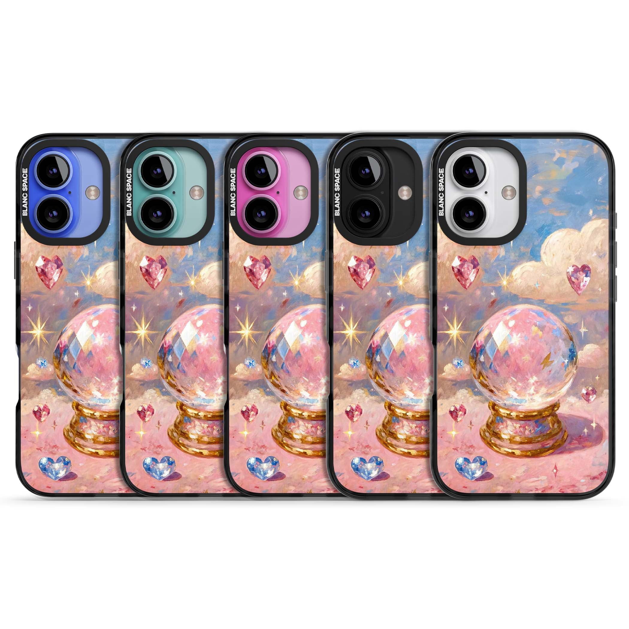 Crystal Ball fairycore iPhone case featuring a painted crystal ball, heart gemstones, and pastel clouds | Black Impact Magsafe case for iPhone 16, iPhone 16 Plus