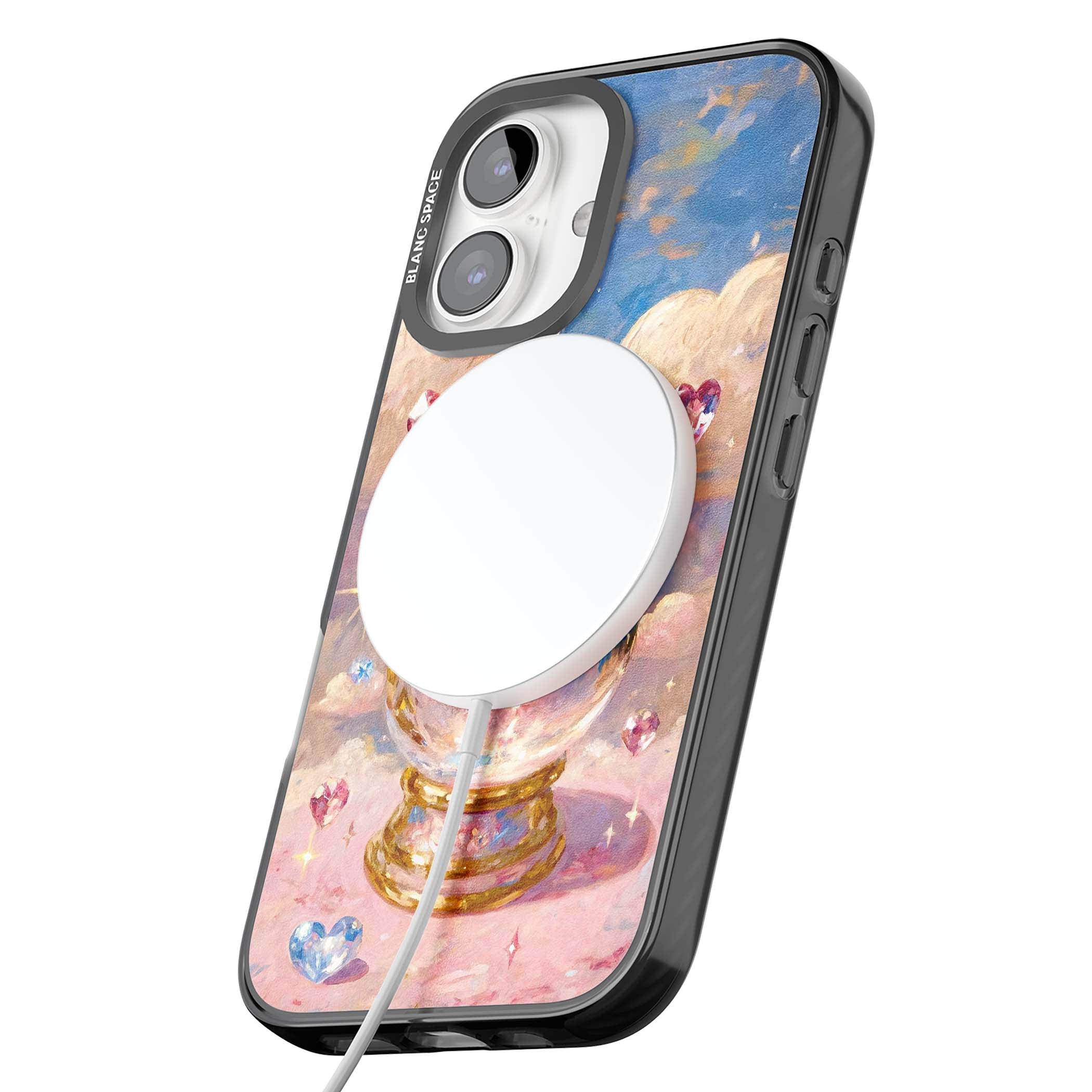 Crystal Ball fairycore iPhone case featuring a painted crystal ball, heart gemstones, and pastel clouds | Black Impact Magsafe case for iPhone 16, iPhone 16 Plus
