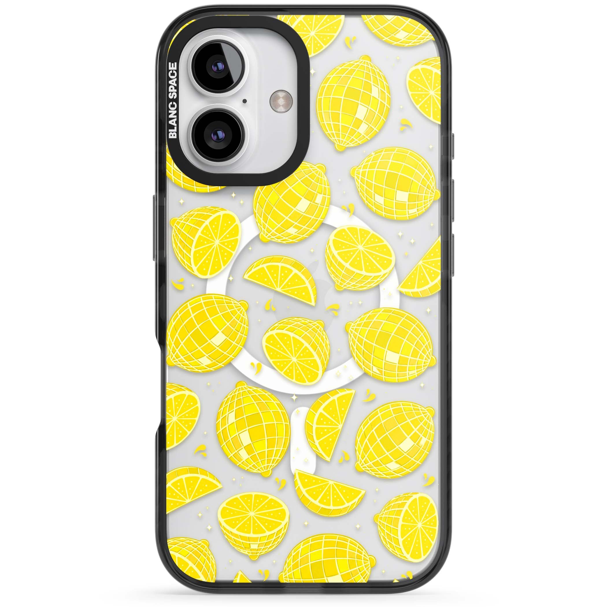 Disco Lemons citrus iPhone case featuring mirrorball lemons, sliced fruit and sparkle accents | Black Impact Magsafe case for iPhone 16, iPhone 16 Plus