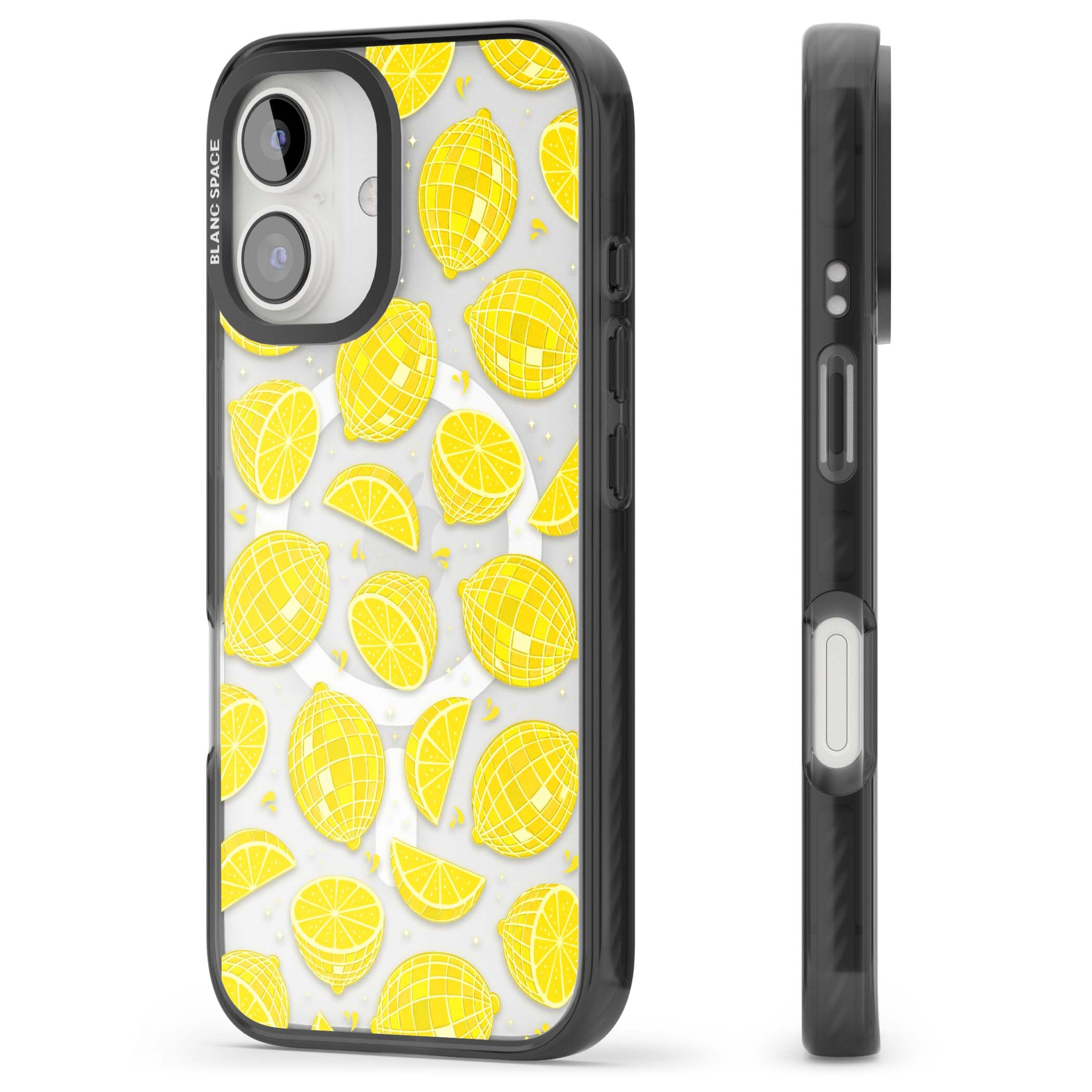 Disco Lemons citrus iPhone case featuring mirrorball lemons, sliced fruit and sparkle accents | Black Impact Magsafe case for iPhone 16, iPhone 16 Plus