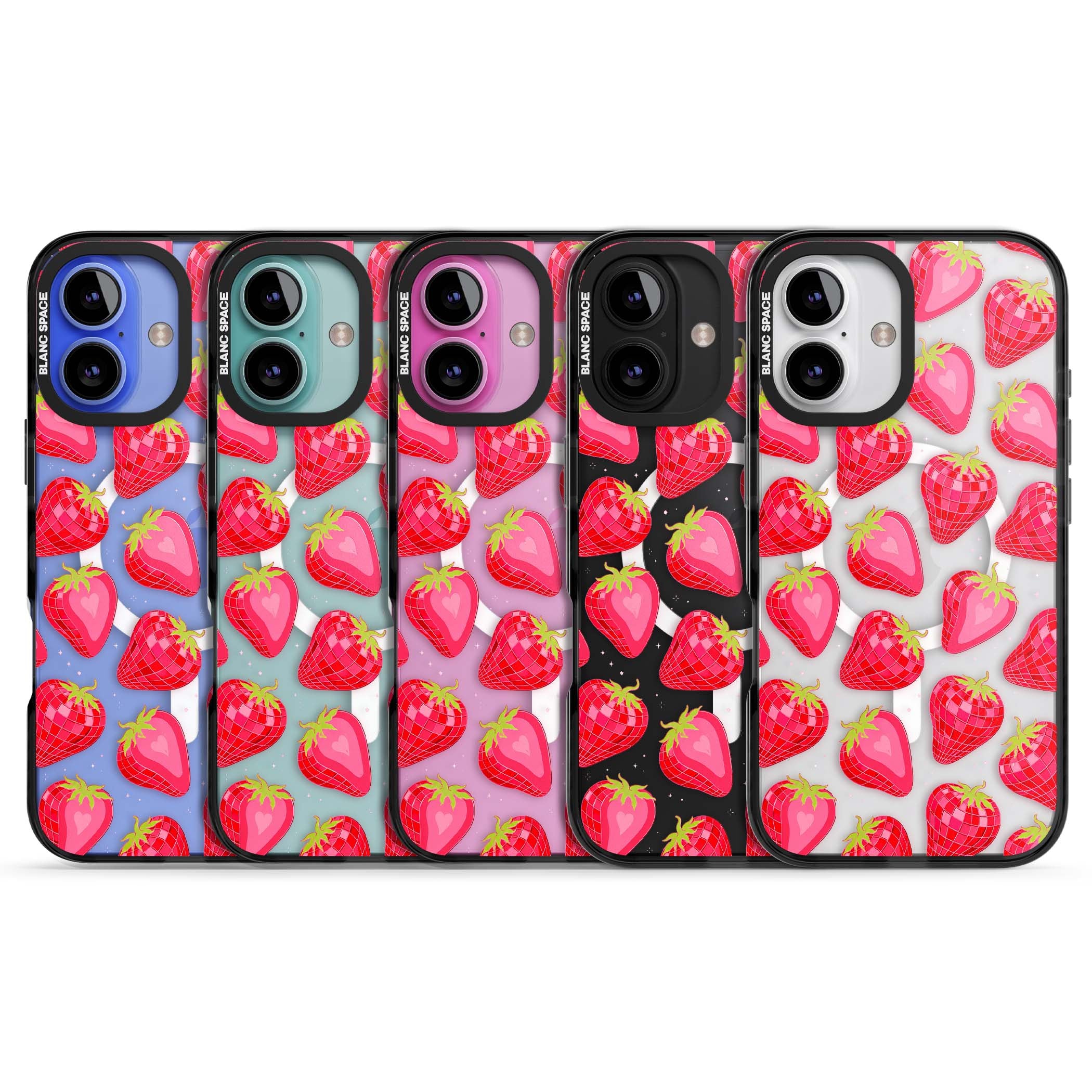 Disco Strawberry Y2K iPhone case featuring pink disco-ball strawberries, green leaves and tiny sparkles | Black Impact Magsafe case for iPhone 16, iPhone 16 Plus