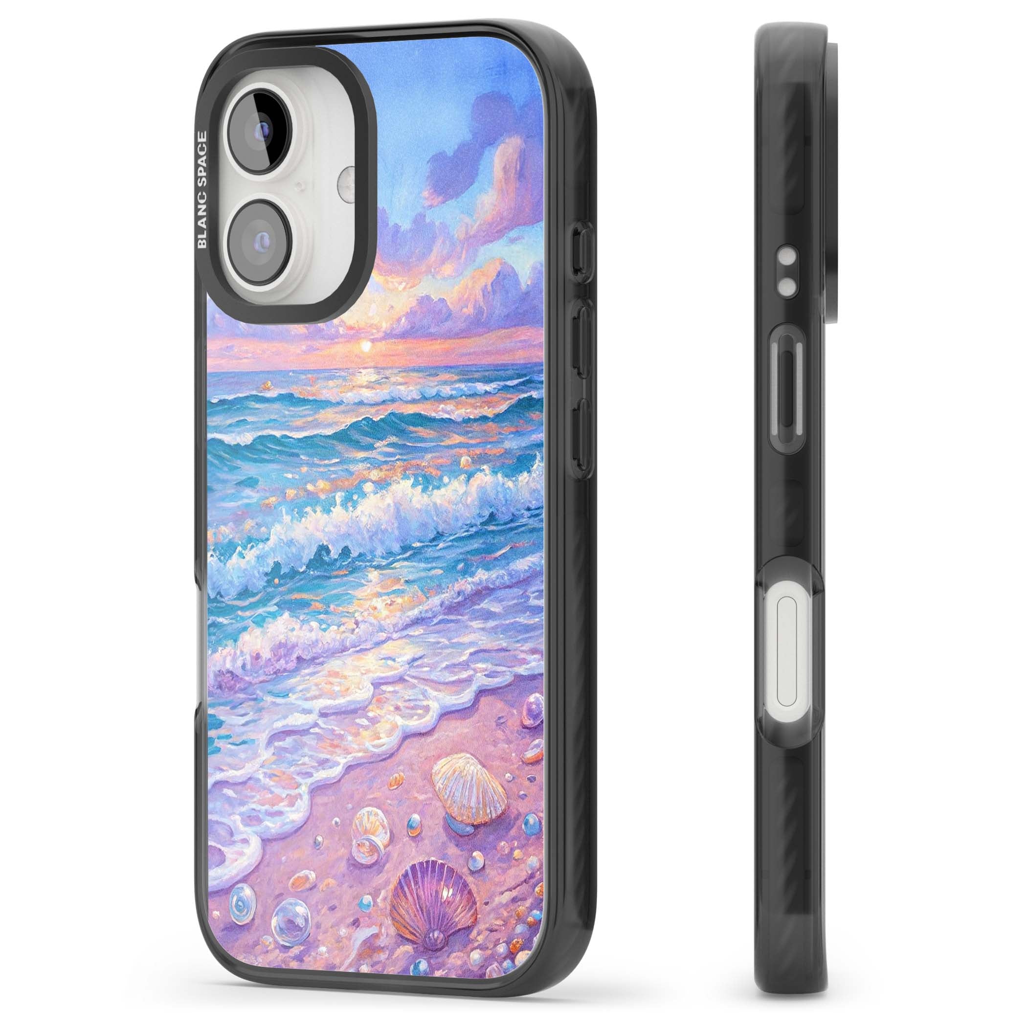Pearl Shore coastal iPhone case featuring pastel painted waves, seashells, and a sunrise sky over a lavender beach. | Black Impact Magsafe case for iPhone 16, iPhone 16 Plus