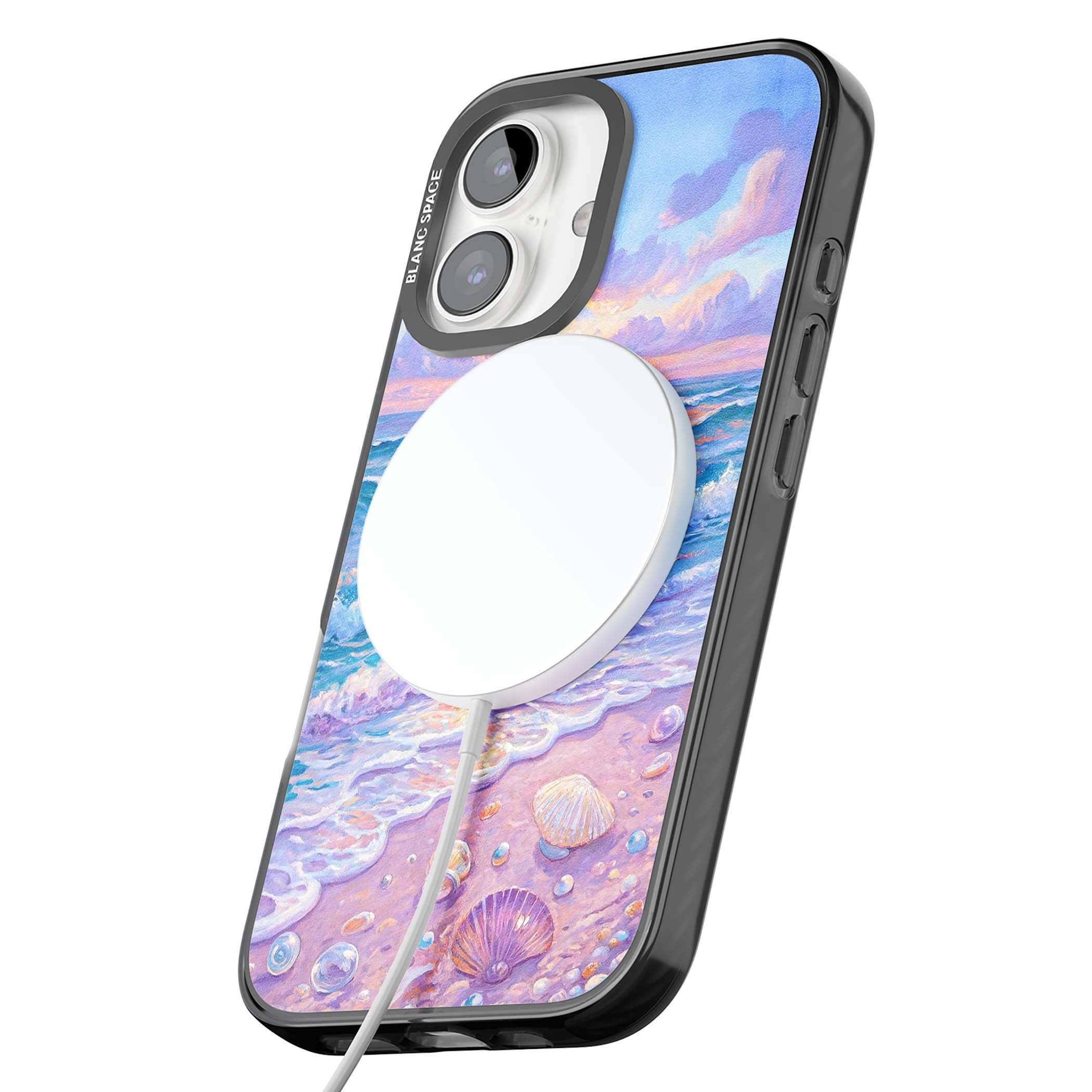 Pearl Shore coastal iPhone case featuring pastel painted waves, seashells, and a sunrise sky over a lavender beach. | Black Impact Magsafe case for iPhone 16, iPhone 16 Plus