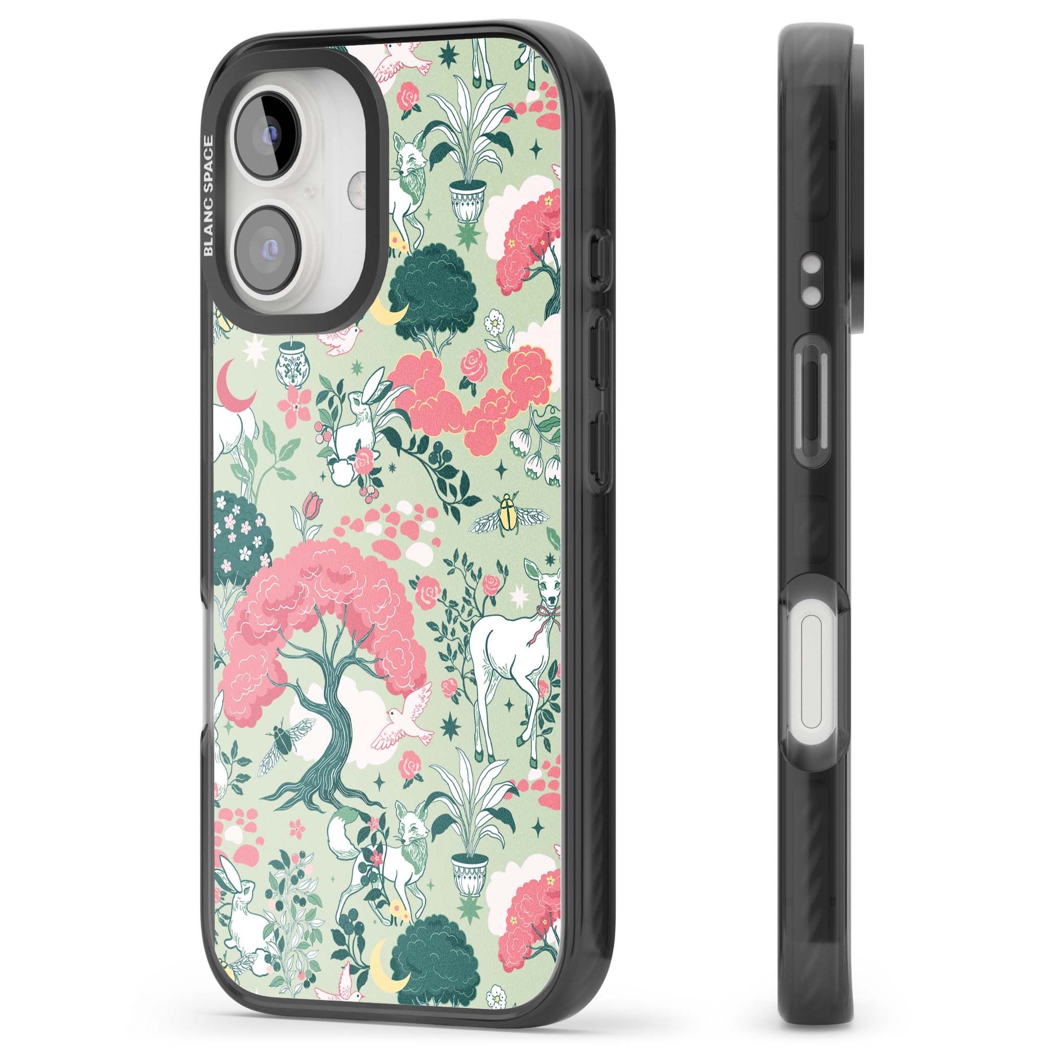 Enchanted Woodland cottagecore iPhone case featuring white deer, pink roses, mushrooms and woodland animals on sage green | Black Impact Magsafe case for iPhone 16, iPhone 16 Plus