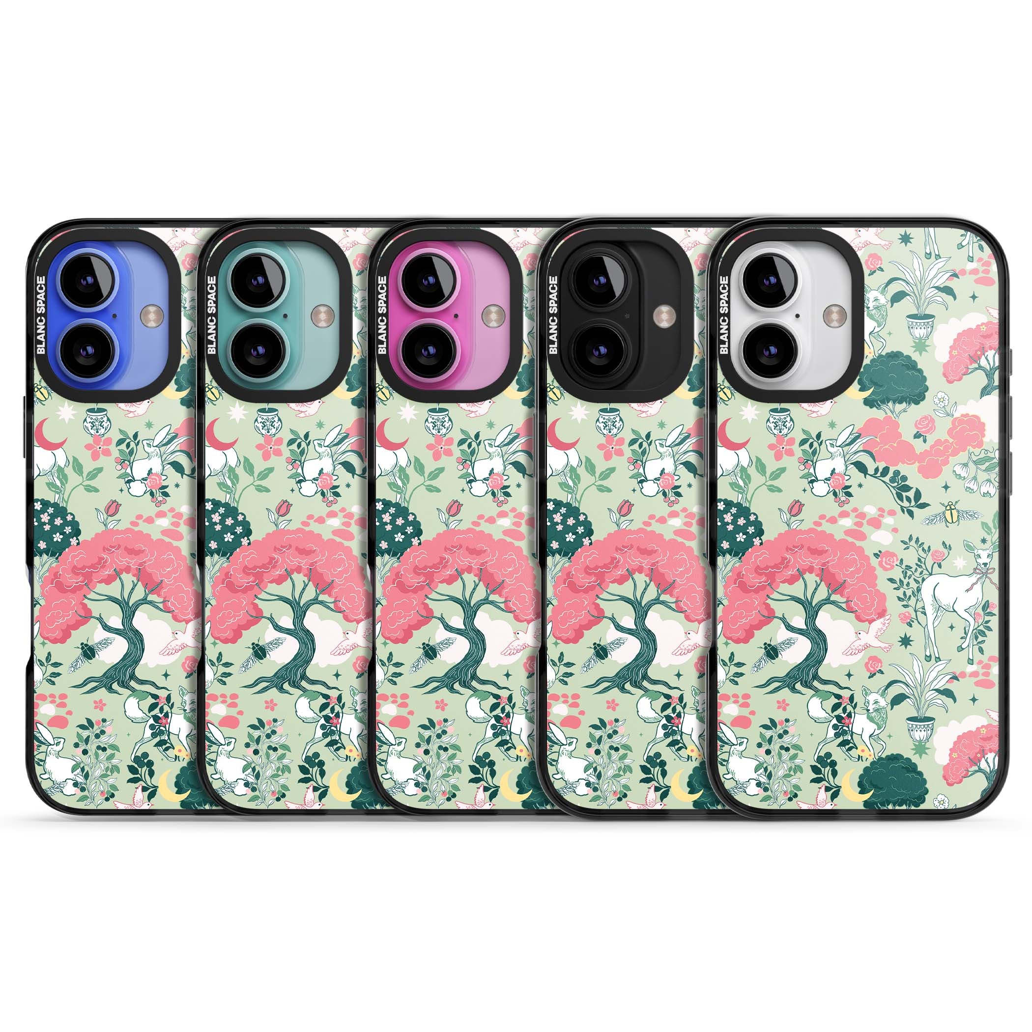 Enchanted Woodland cottagecore iPhone case featuring white deer, pink roses, mushrooms and woodland animals on sage green | Black Impact Magsafe case for iPhone 16, iPhone 16 Plus