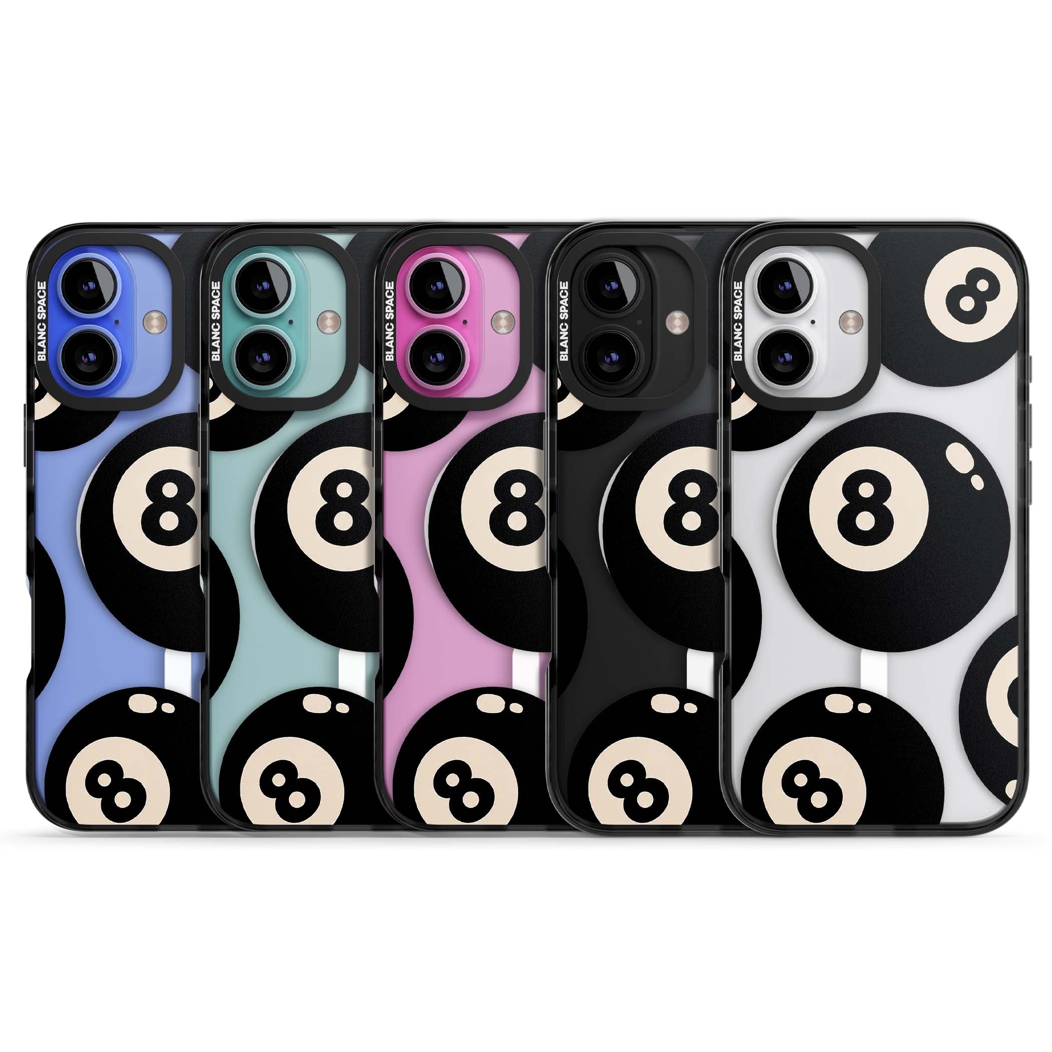 Eights y2k iPhone case featuring scattered black 8 balls with cream highlights on a clear background | Black Impact Magsafe case for iPhone 16, iPhone 16 Plus