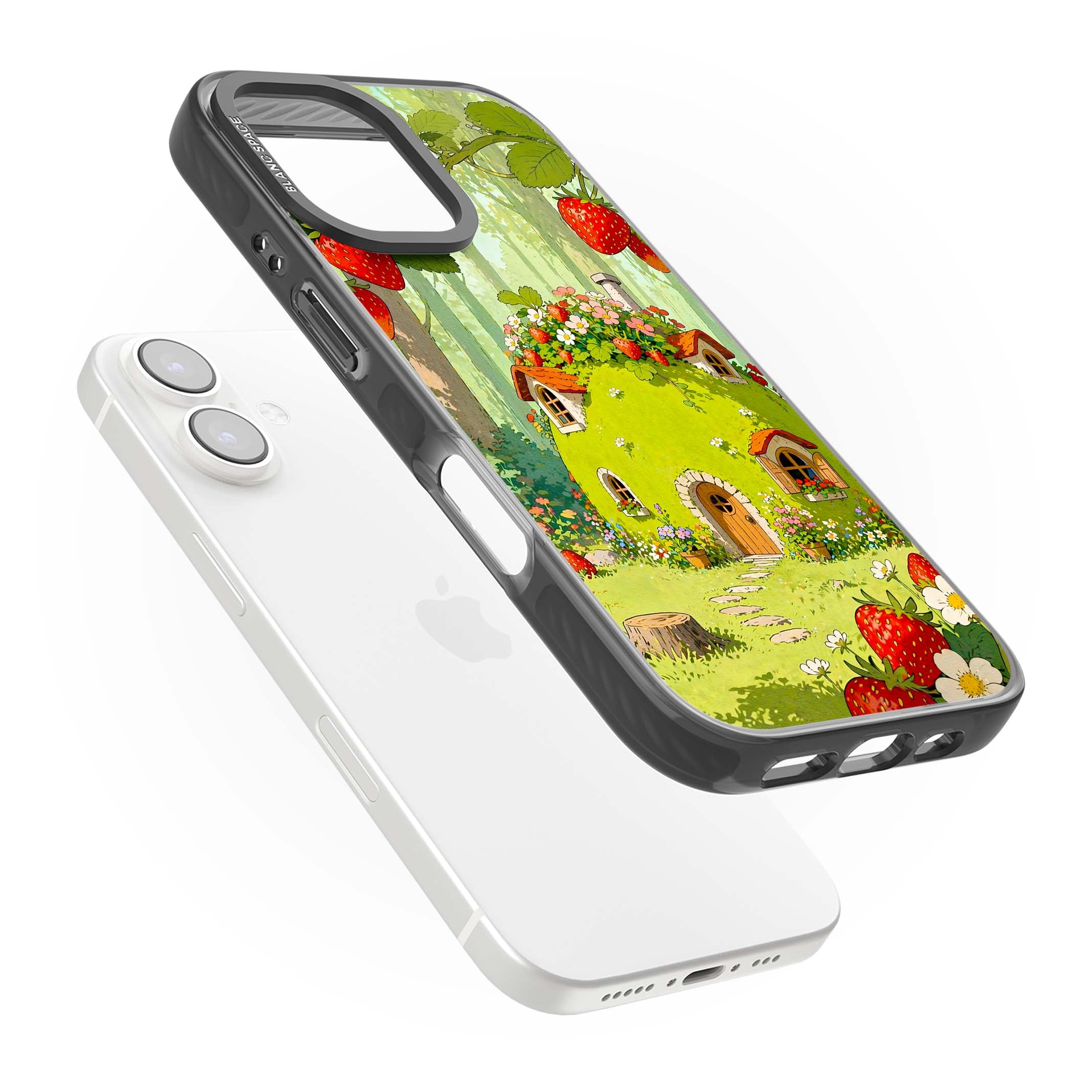 Strawberry Cottage cottagecore iPhone case featuring a green fairy house, wild strawberries and enchanted forest flowers | Black Impact Magsafe case for iPhone 16, iPhone 16 Plus