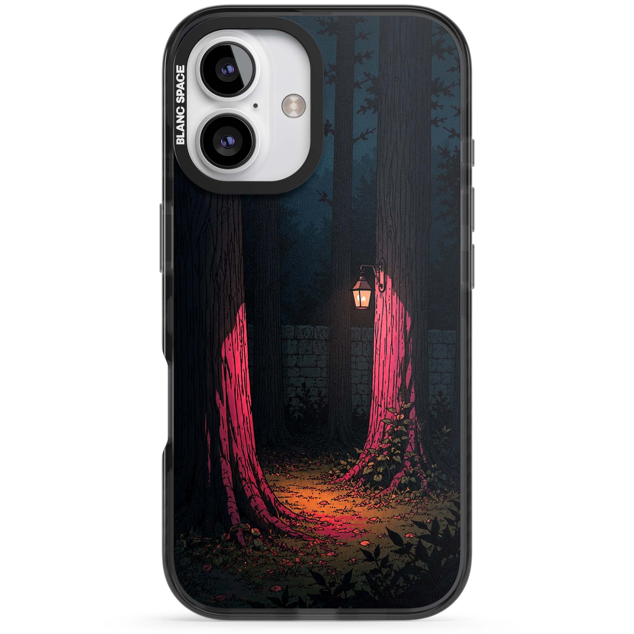 Forest Lantern dark academia iPhone case featuring a moonlit forest, glowing lantern, and stone wall pathway | Black Impact Magsafe case for iPhone 16, iPhone 16 Plus