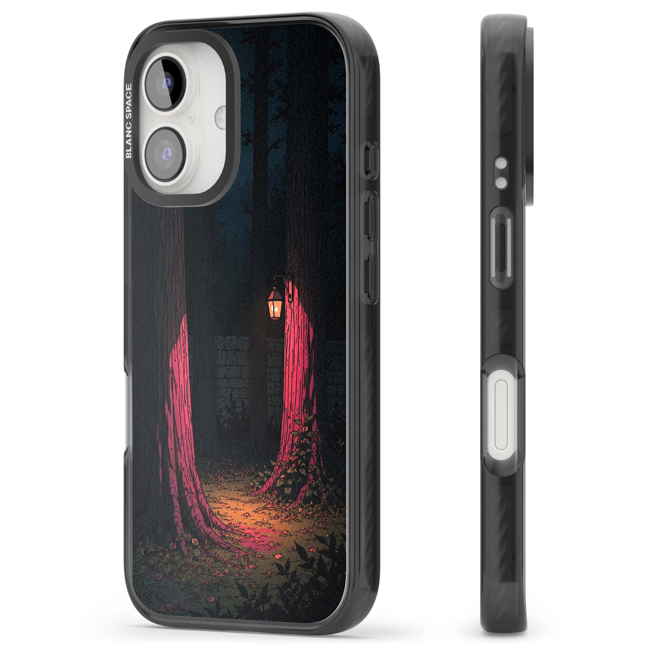 Forest Lantern dark academia iPhone case featuring a moonlit forest, glowing lantern, and stone wall pathway | Black Impact Magsafe case for iPhone 16, iPhone 16 Plus