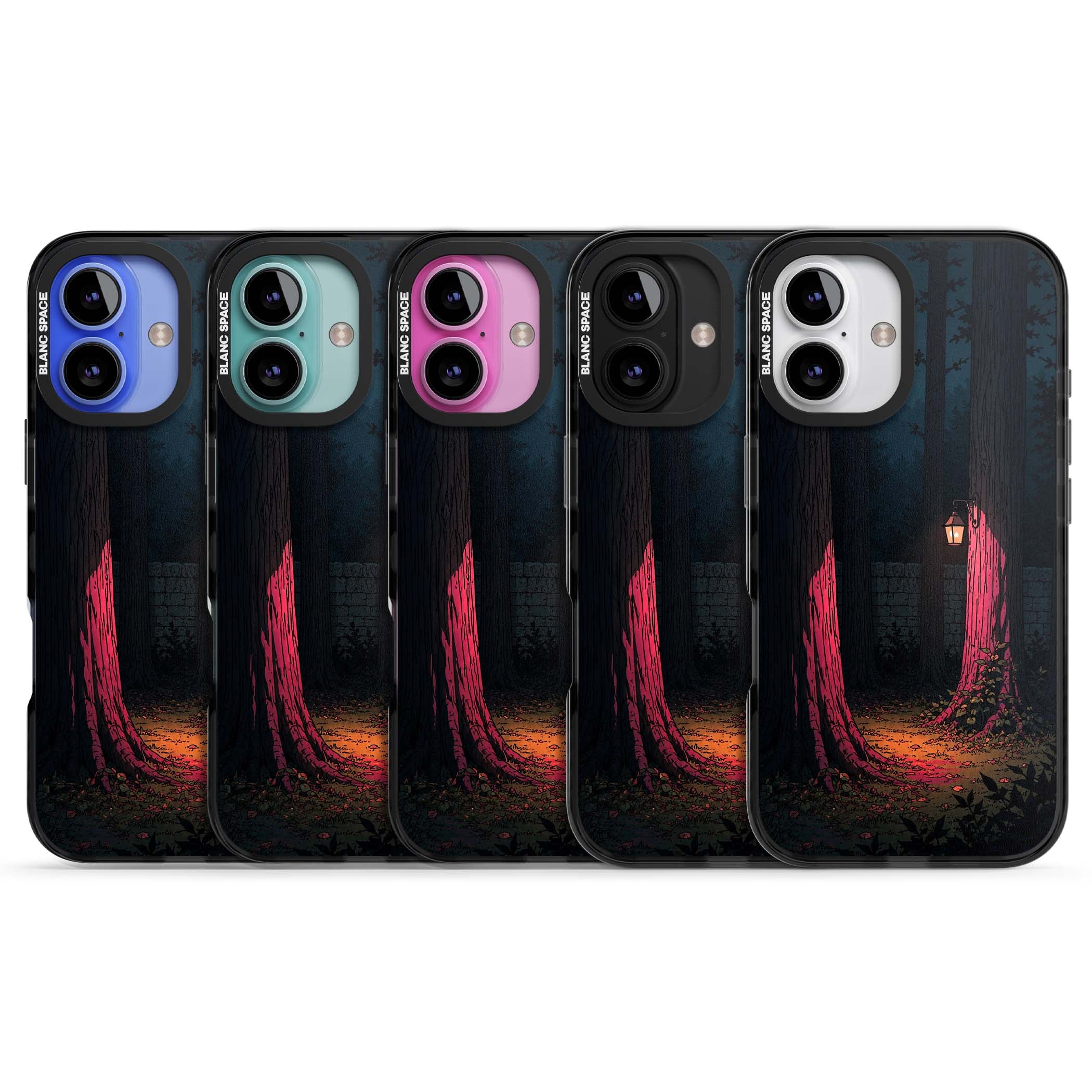 Forest Lantern dark academia iPhone case featuring a moonlit forest, glowing lantern, and stone wall pathway | Black Impact Magsafe case for iPhone 16, iPhone 16 Plus