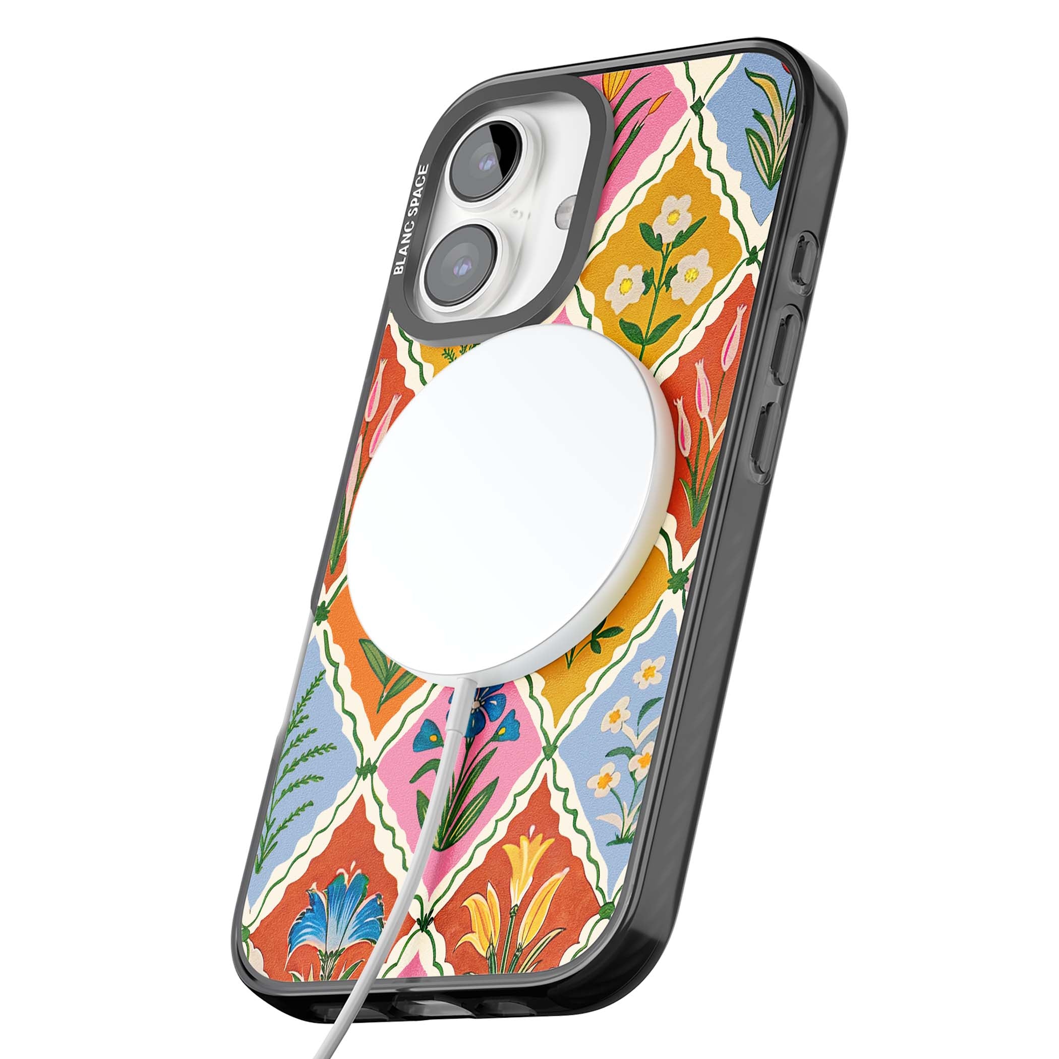 Floral Quilt boho floral iPhone case featuring diamond lattice pattern, hand-painted tulips and folk art wildflowers | Black Impact Magsafe case for iPhone 16, iPhone 16 Plus