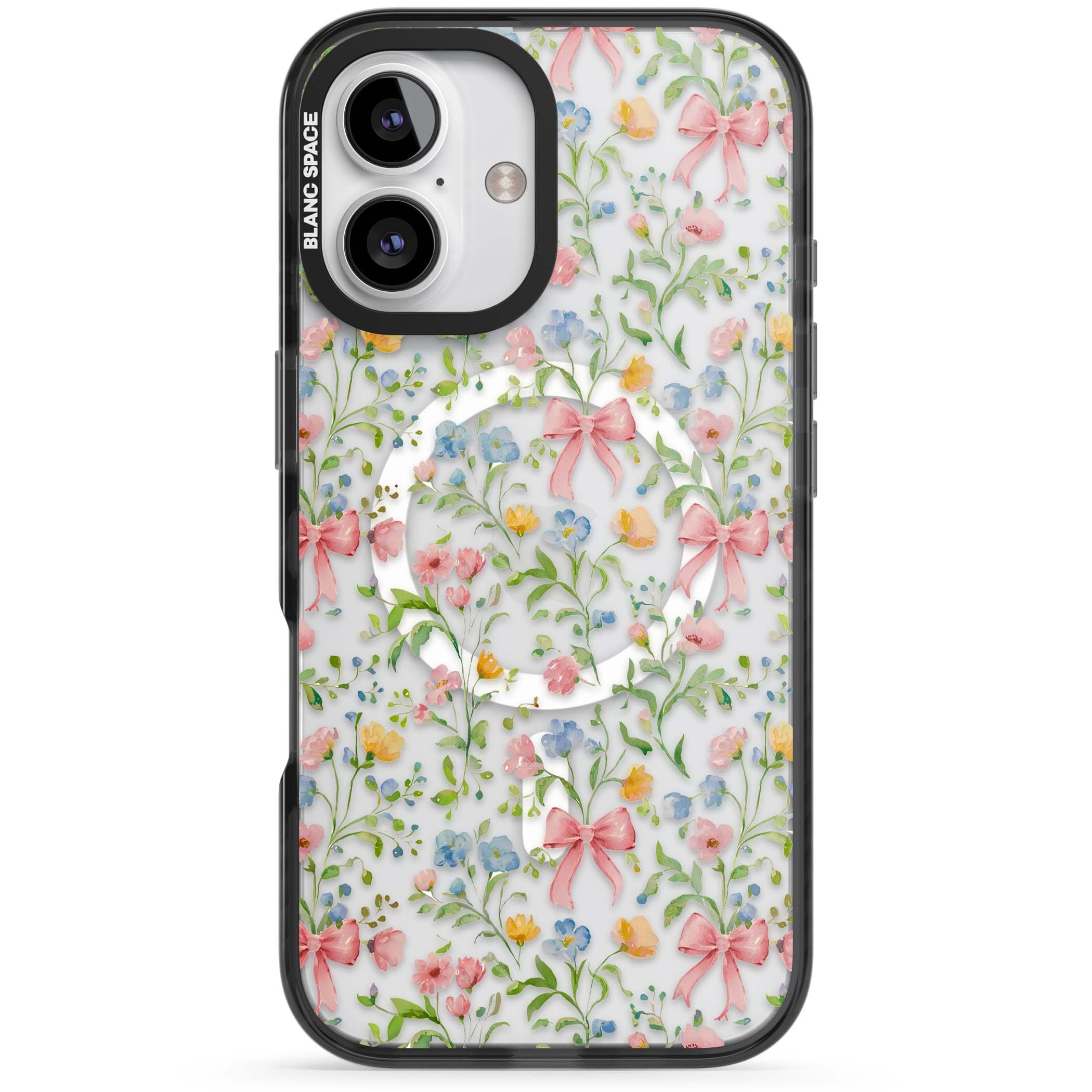 Ribbons & Wildflowers cottagecore iPhone case featuring watercolor wildflowers, pink satin bows, and delicate spring blooms o | Black Impact Magsafe case for iPhone 16, iPhone 16 Plus