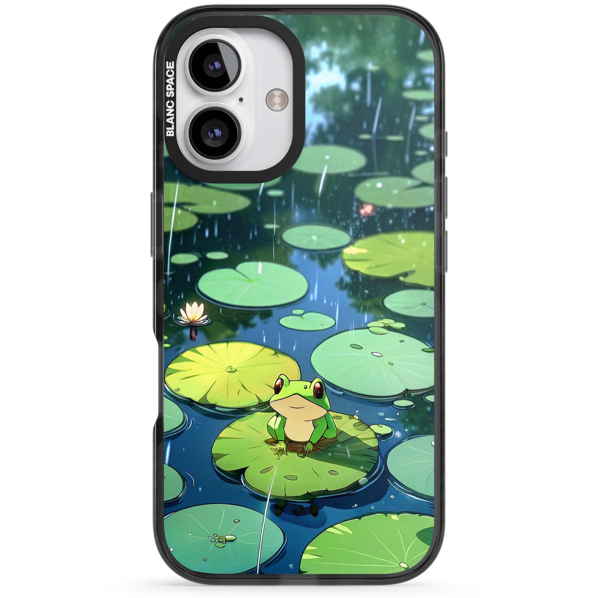 Frog In Lily Pond cottagecore iPhone case featuring a cute green frog on a lily pad with falling rain and a lotus flower | Black Impact Magsafe case for iPhone 16, iPhone 16 Plus