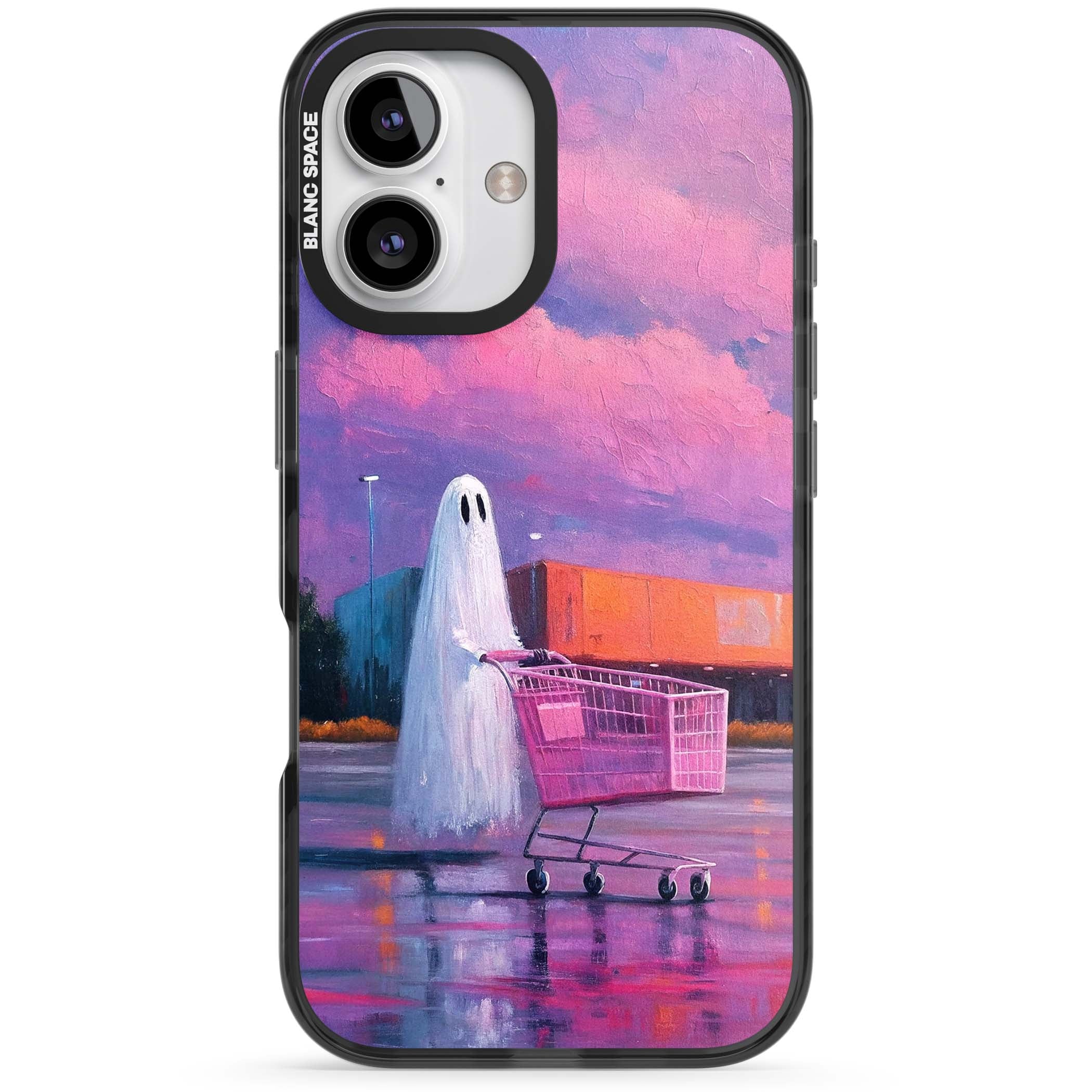 A Ghost's Errand ghost halloween iPhone case featuring a painted ghost, pink shopping trolley and purple sunset sky | Black Impact Magsafe case for iPhone 16, iPhone 16 Plus