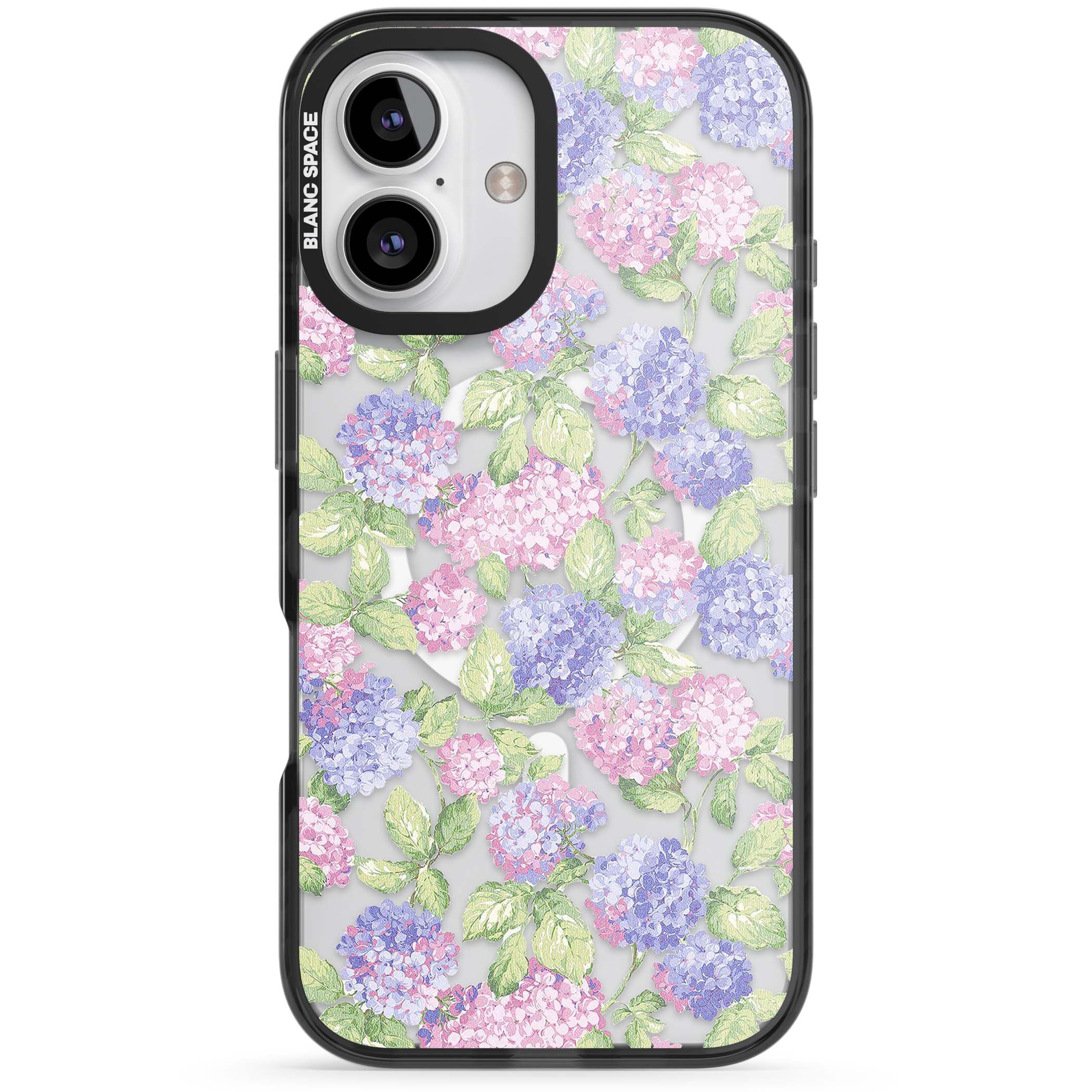 Cottage Hydrangea cottagecore iPhone case featuring pink and purple hydrangea blooms with green leaves on a clear background | Black Impact Magsafe case for iPhone 16, iPhone 16 Plus