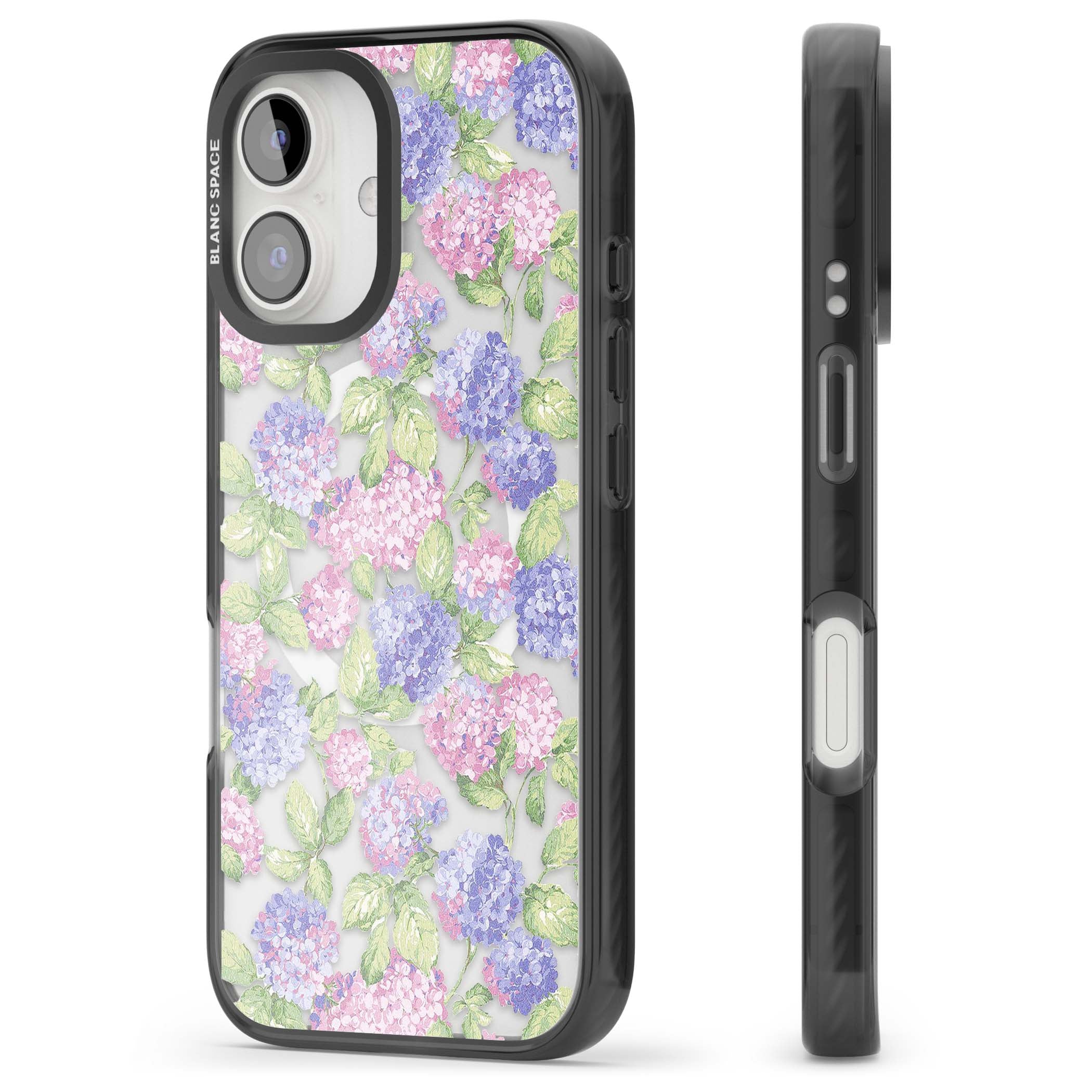Cottage Hydrangea cottagecore iPhone case featuring pink and purple hydrangea blooms with green leaves on a clear background | Black Impact Magsafe case for iPhone 16, iPhone 16 Plus