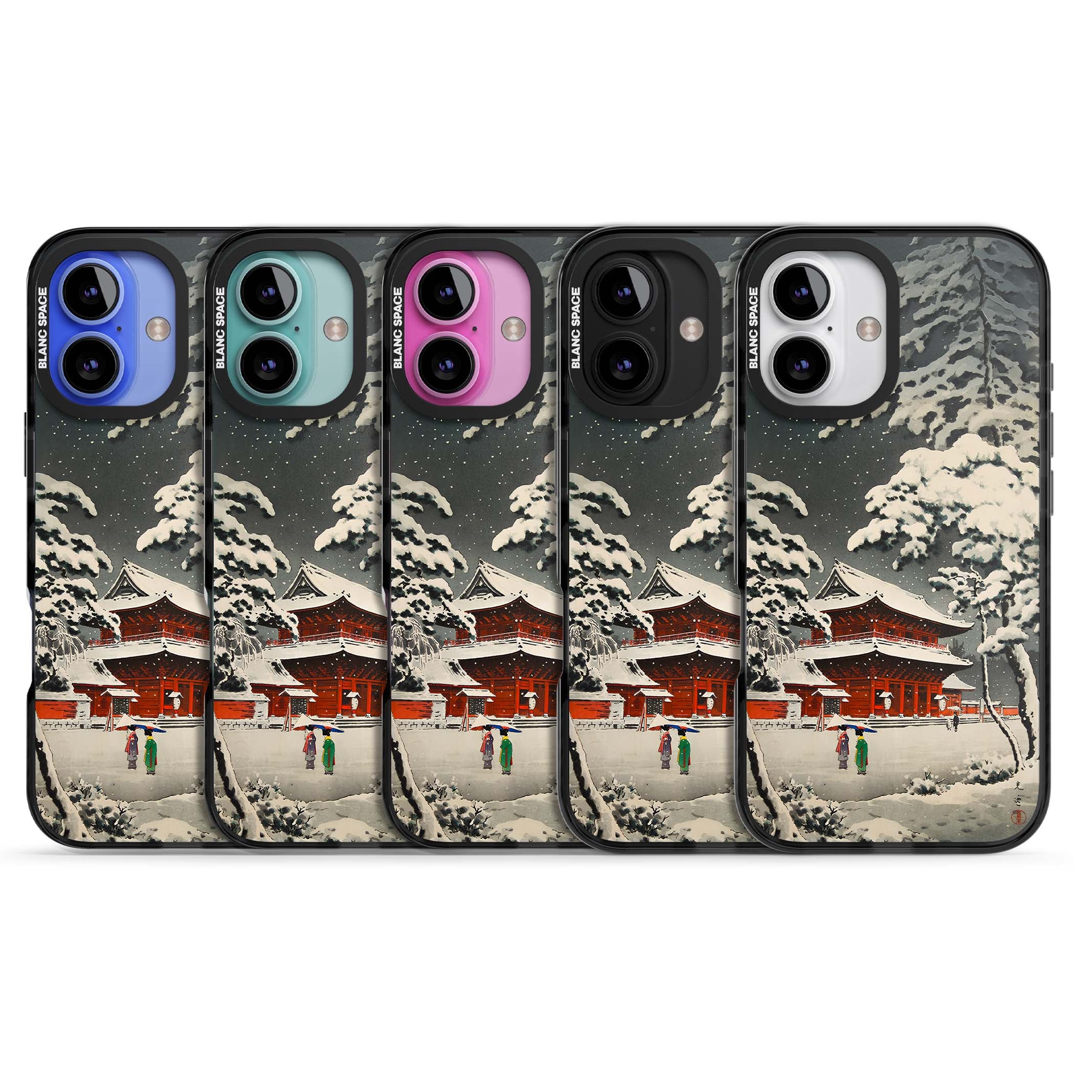 Snow at Shiha Park, Tokyo Japanese art iPhone case featuring a vintage ukiyo-e snowy temple, red pagoda, and snow-covered pin | Black Impact Magsafe case for iPhone 16, iPhone 16 Plus