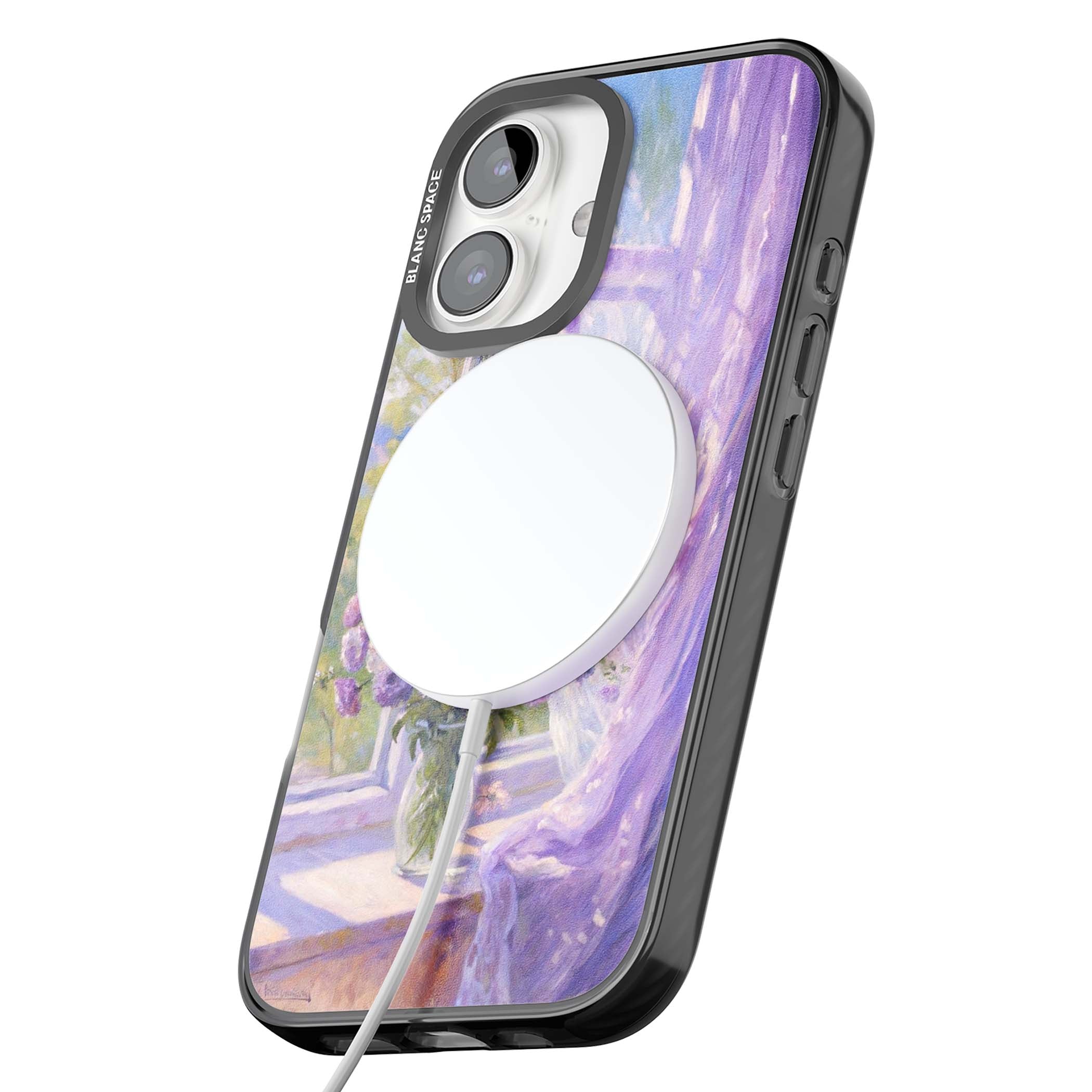 A Provence Morning impressionist art iPhone case featuring a vase of purple flowers, sunlit window and sheer curt | Black Impact Magsafe case for iPhone 16, iPhone 16 Plus