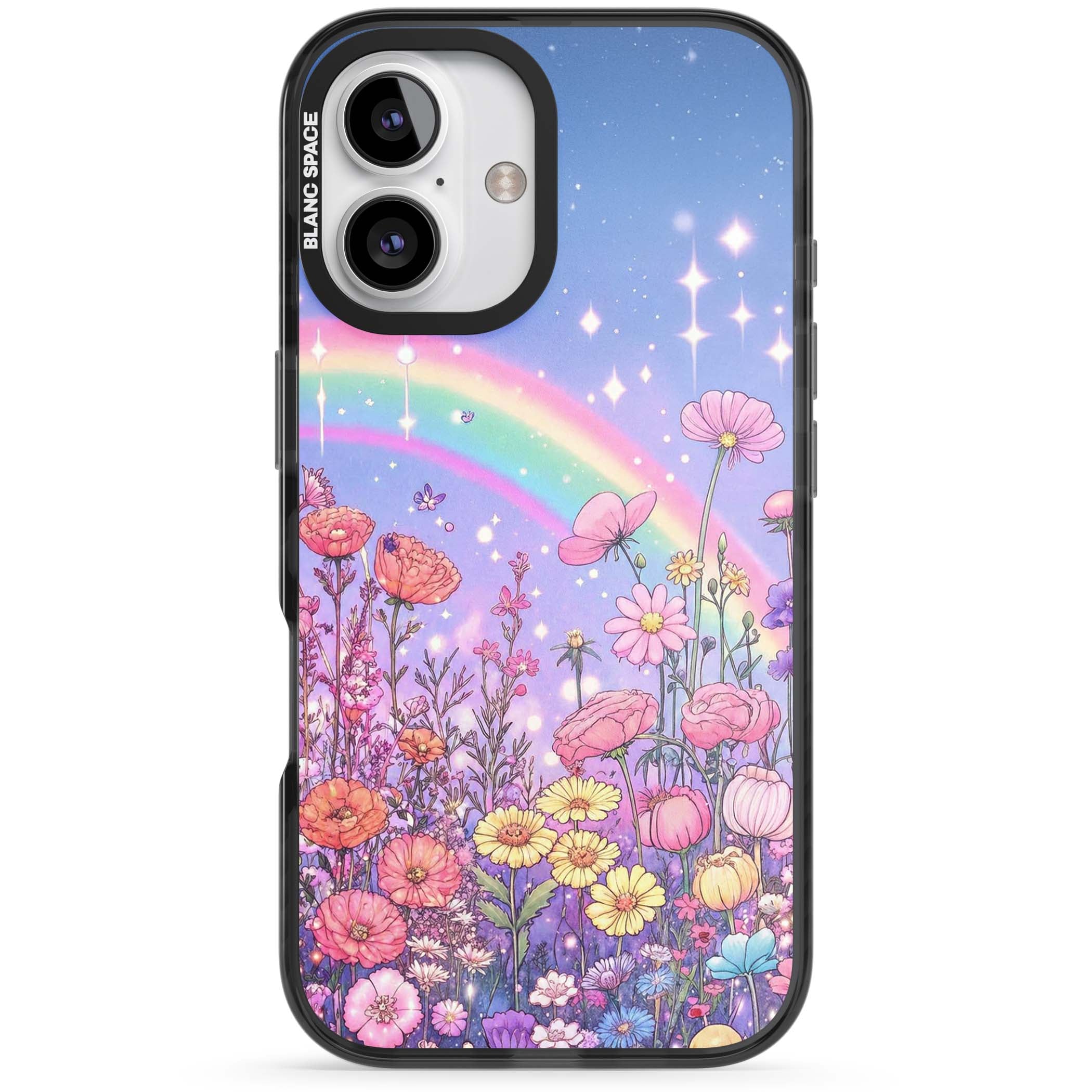 Magical Meadow fairycore iPhone case featuring a pastel rainbow, sparkling stars and a wildflower meadow | Black Impact Magsafe case for iPhone 16, iPhone 16 Plus