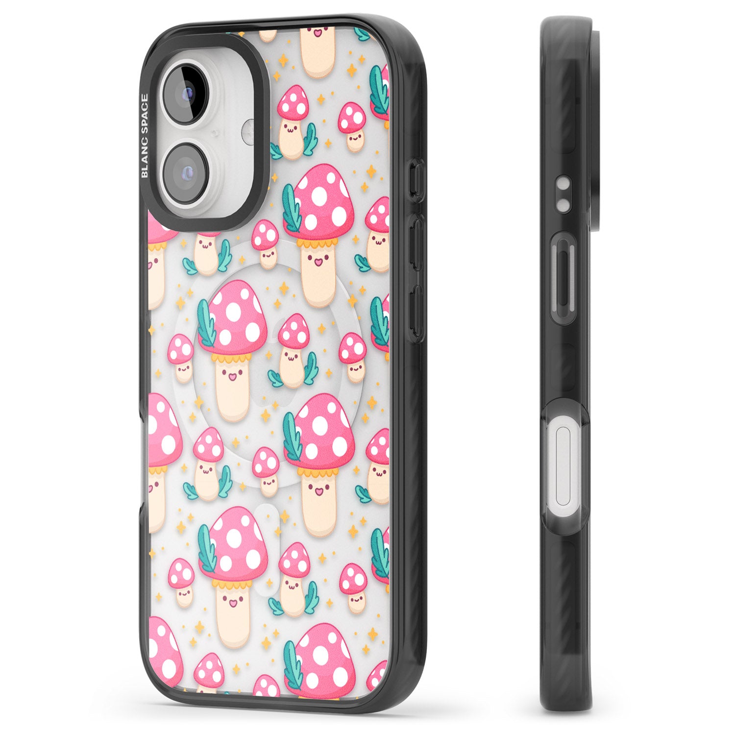 iPhone 16 Pro Max Cute Mushrooms Pattern Black Impact Phone Case