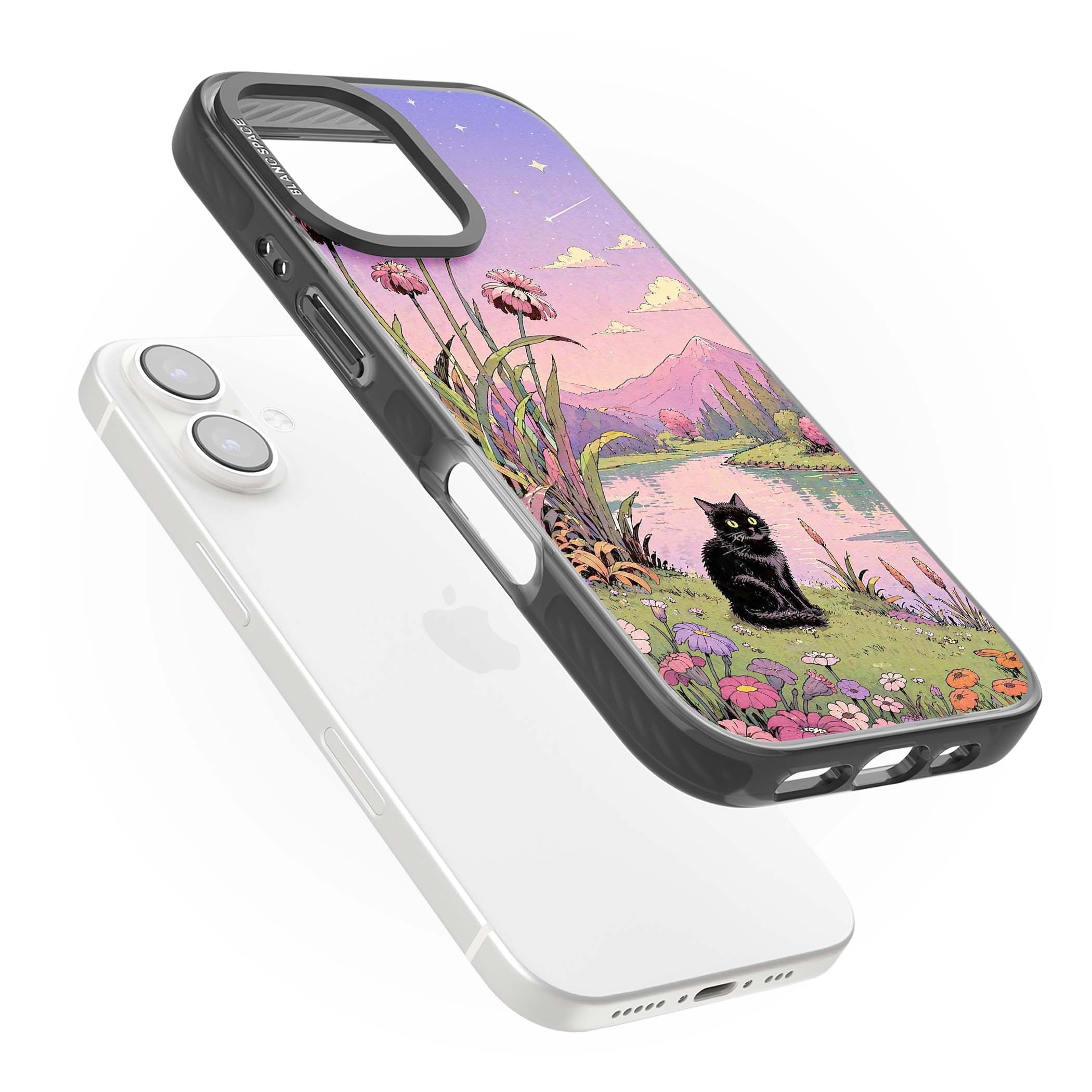 Mystic Whiskers ghibli iPhone case featuring a black cat by a pastel lake, wildflowers and a starry sunset sky | Black Impact Magsafe case for iPhone 16, iPhone 16 Plus